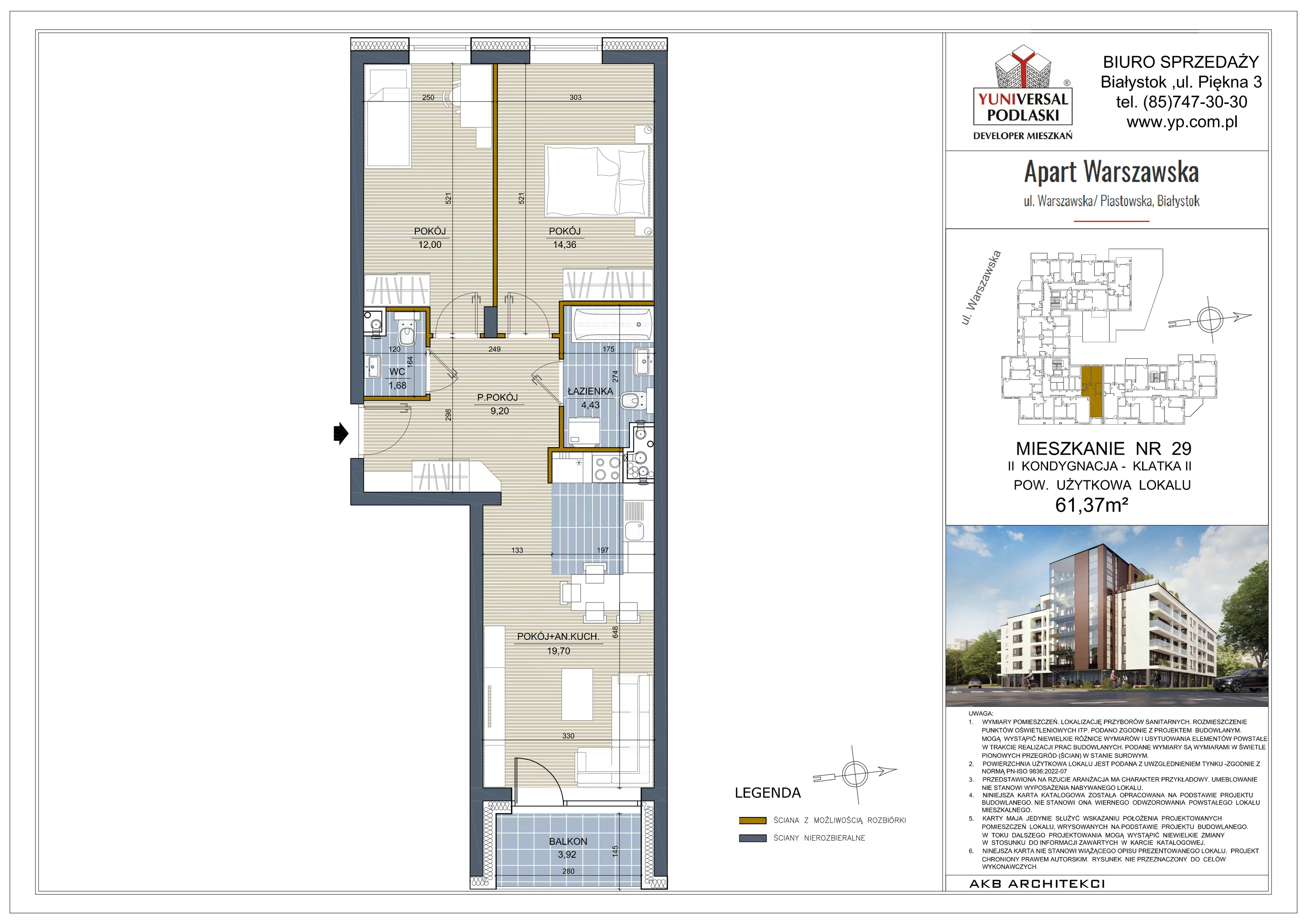 3 pokoje, mieszkanie 61,37 m², piętro 1, oferta nr 29, Apart Warszawska, Białystok, Piasta II, ul. Warszawska/ Piastowska
