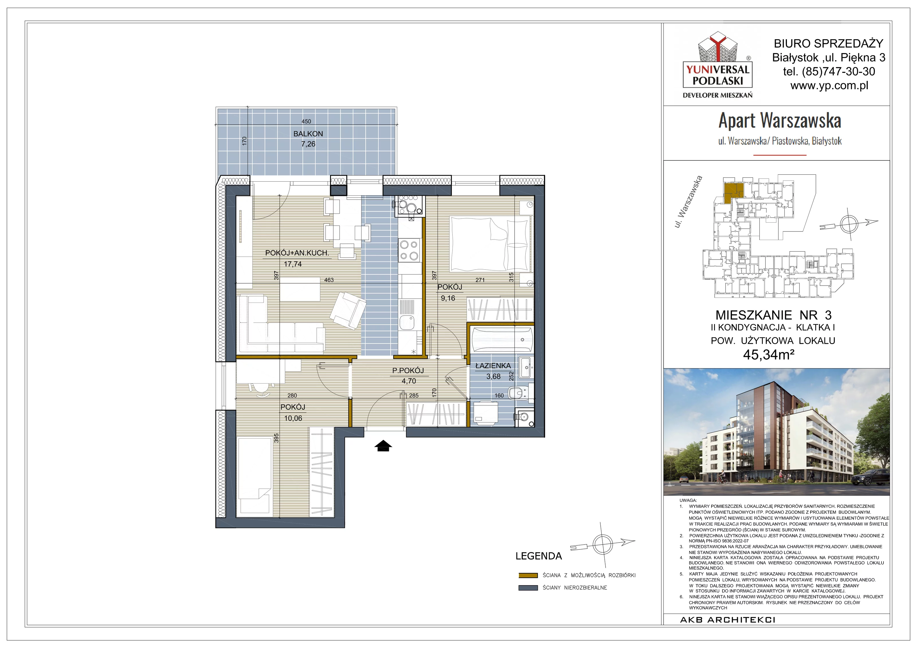 3 pokoje, mieszkanie 45,34 m², piętro 1, oferta nr 3, Apart Warszawska, Białystok, Piasta II, ul. Warszawska/ Piastowska