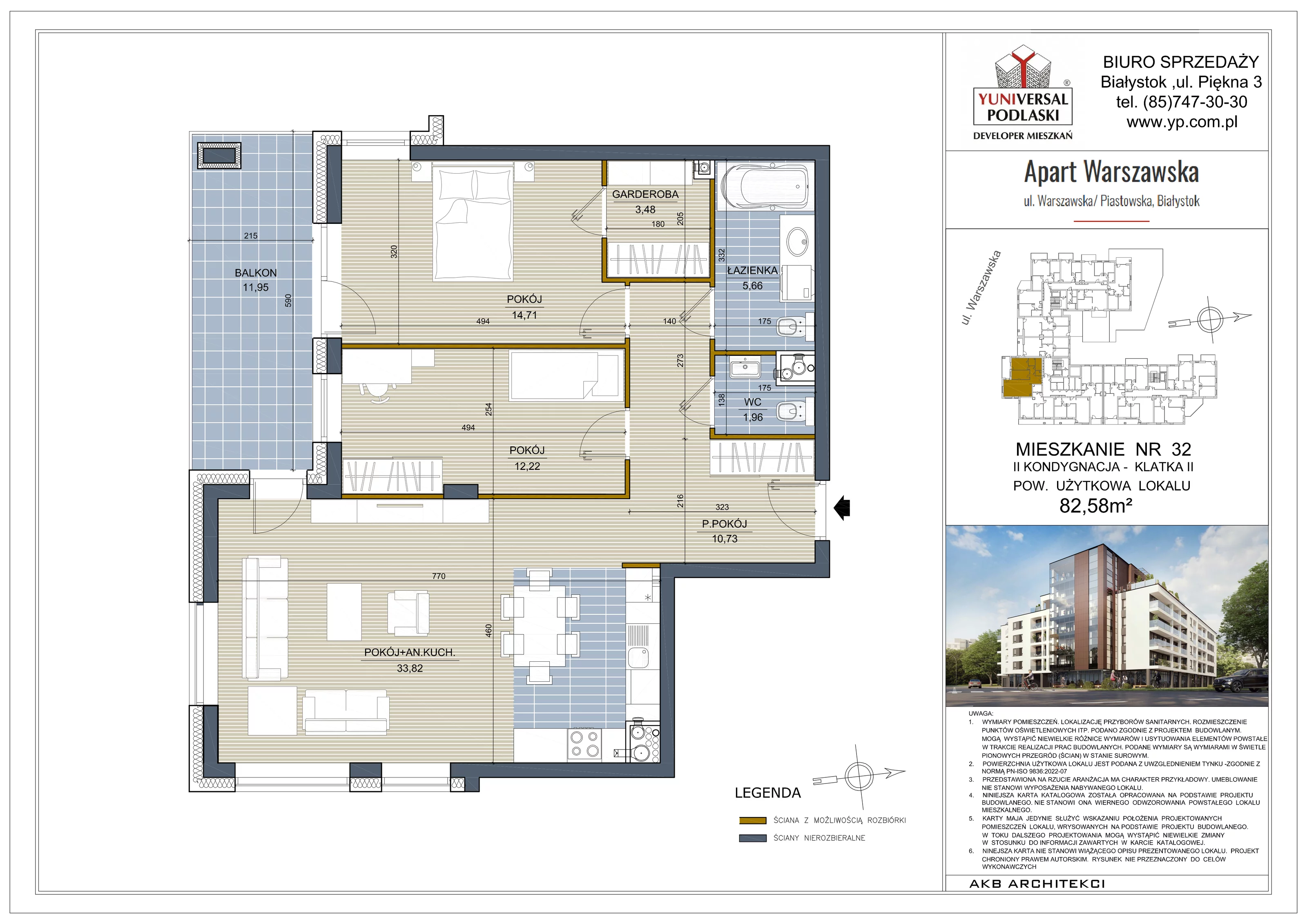 3 pokoje, mieszkanie 82,58 m², piętro 1, oferta nr 32, Apart Warszawska, Białystok, Piasta II, ul. Warszawska/ Piastowska