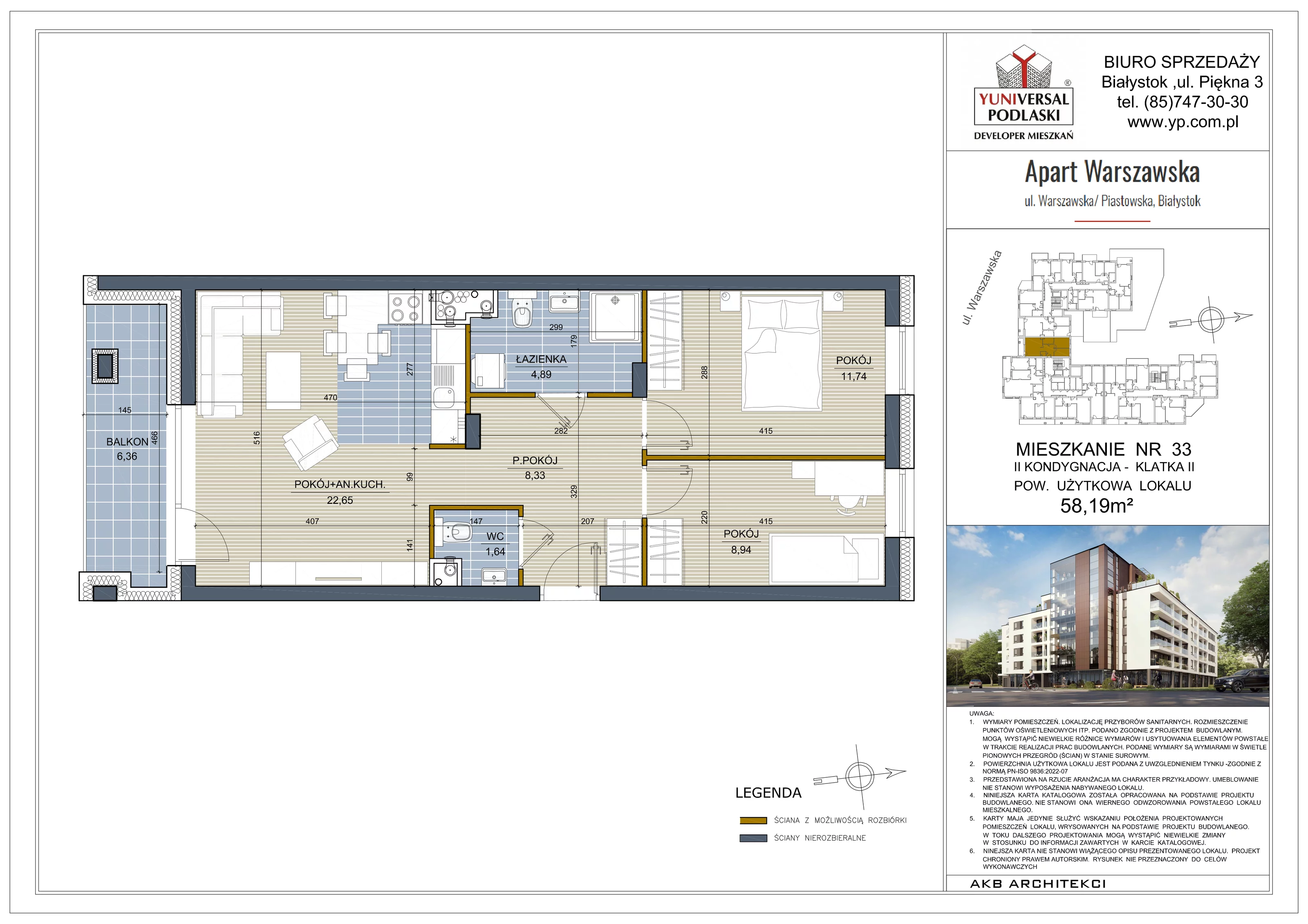 3 pokoje, mieszkanie 58,19 m², piętro 1, oferta nr 33, Apart Warszawska, Białystok, Piasta II, ul. Warszawska/ Piastowska