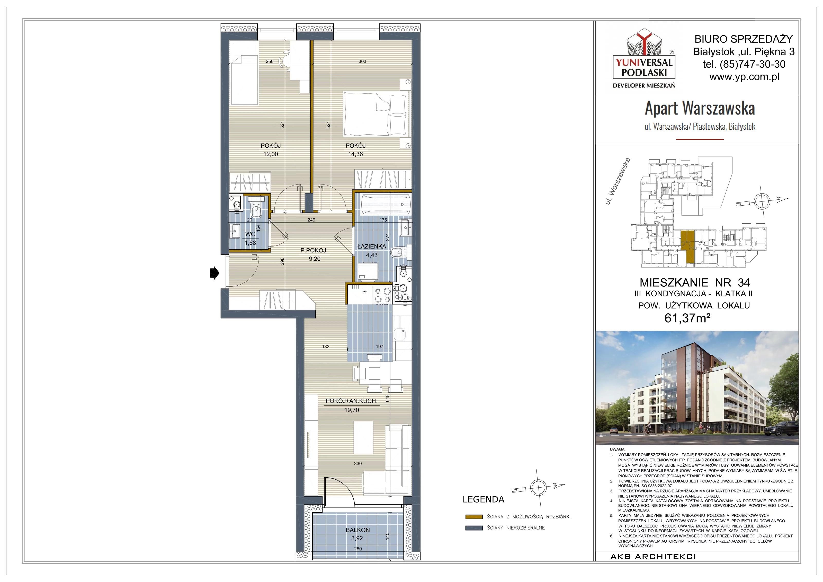 3 pokoje, mieszkanie 61,37 m², piętro 2, oferta nr 34, Apart Warszawska, Białystok, Piasta II, ul. Warszawska/ Piastowska