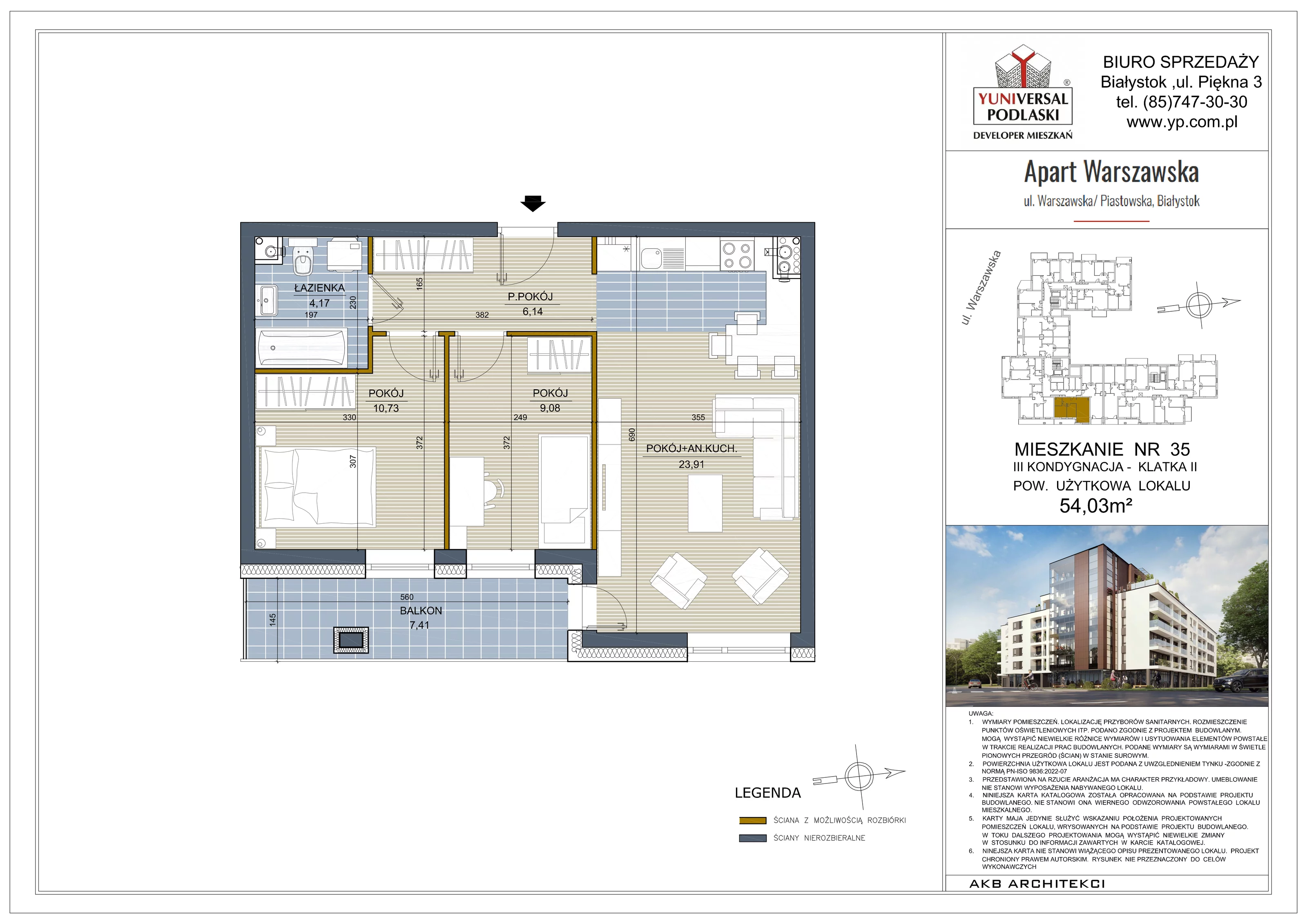 3 pokoje, mieszkanie 54,03 m², piętro 2, oferta nr 35, Apart Warszawska, Białystok, Piasta II, ul. Warszawska/ Piastowska