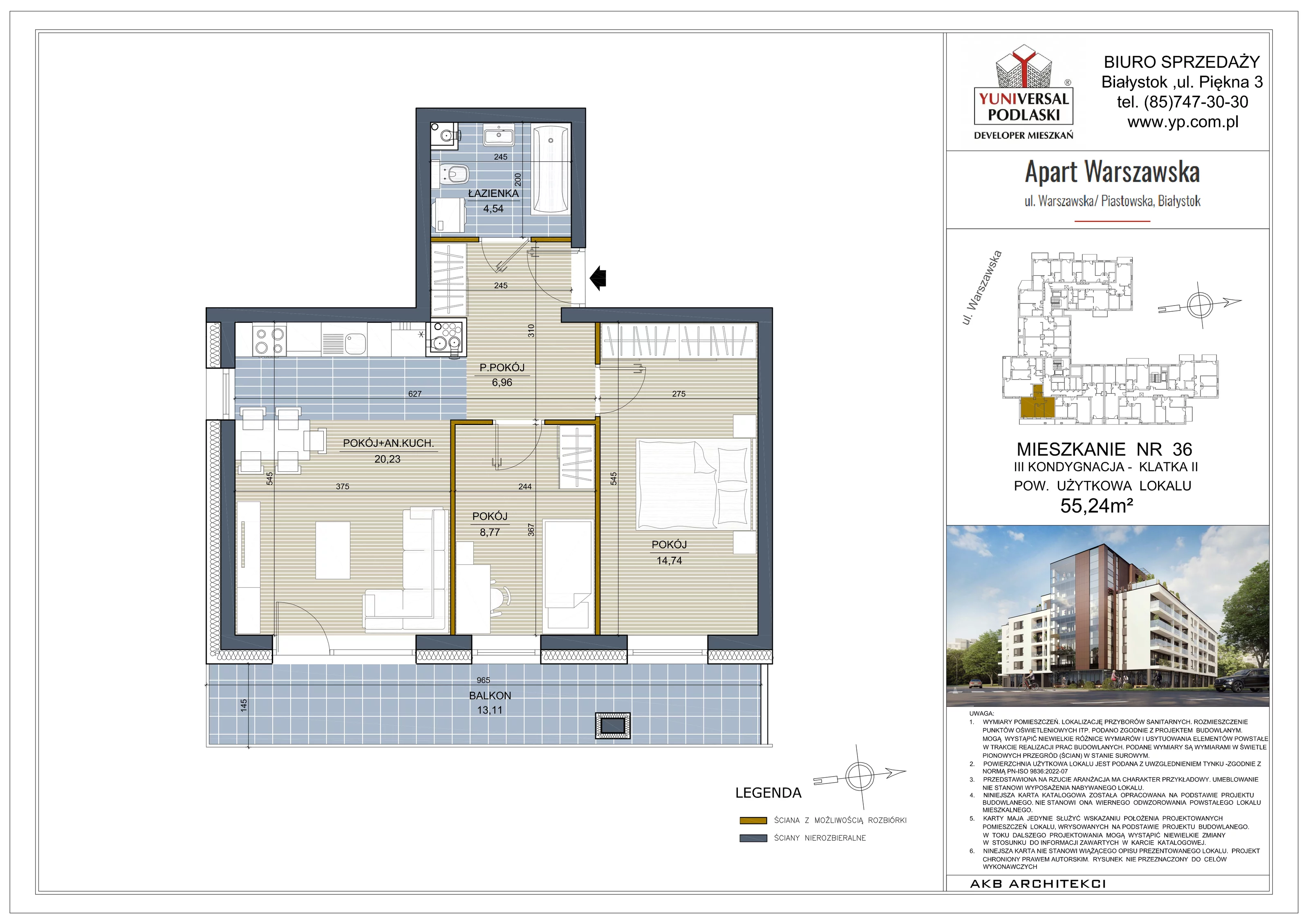 3 pokoje, mieszkanie 55,24 m², piętro 2, oferta nr 36, Apart Warszawska, Białystok, Piasta II, ul. Warszawska/ Piastowska