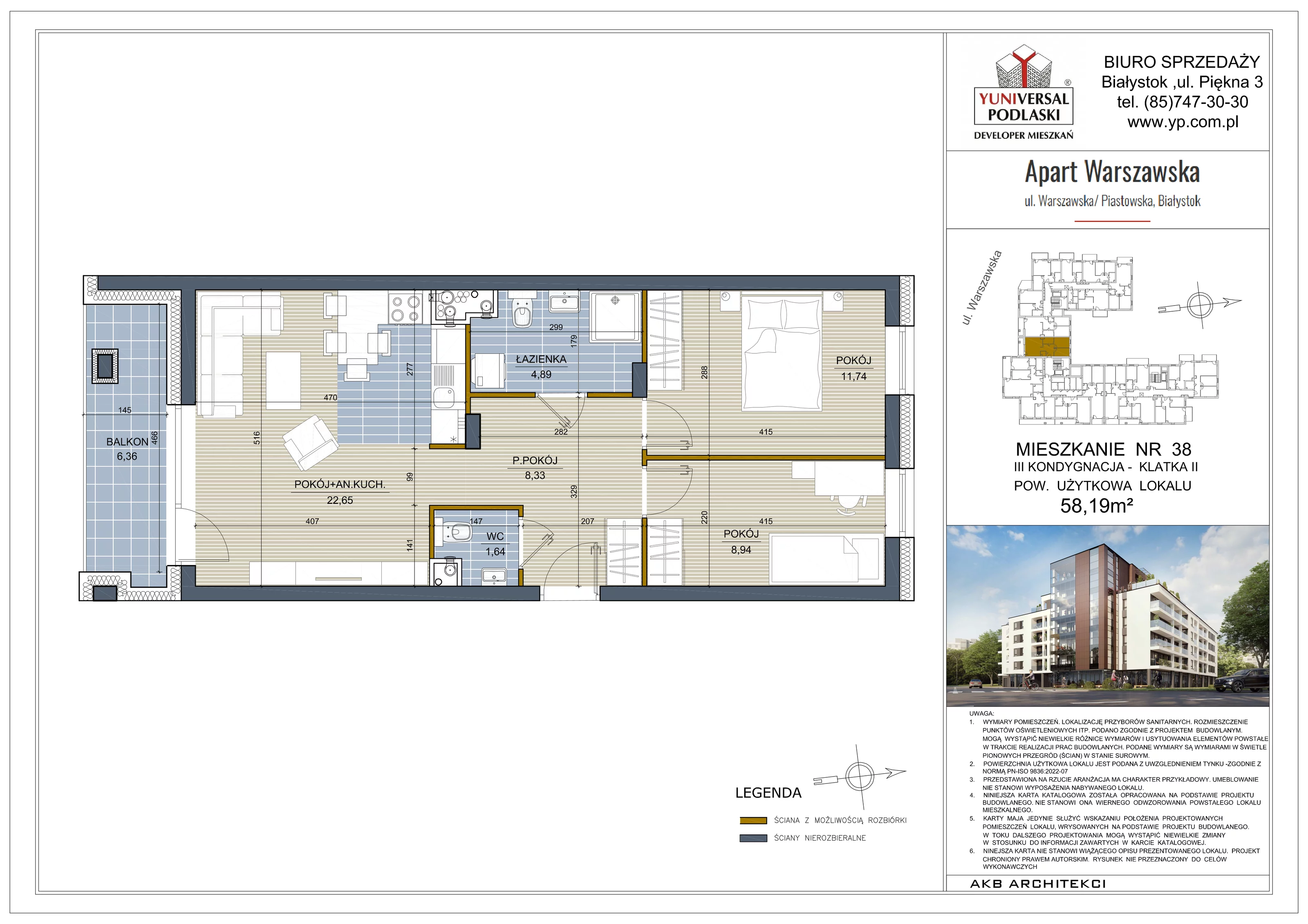 3 pokoje, mieszkanie 58,19 m², piętro 2, oferta nr 38, Apart Warszawska, Białystok, Piasta II, ul. Warszawska/ Piastowska