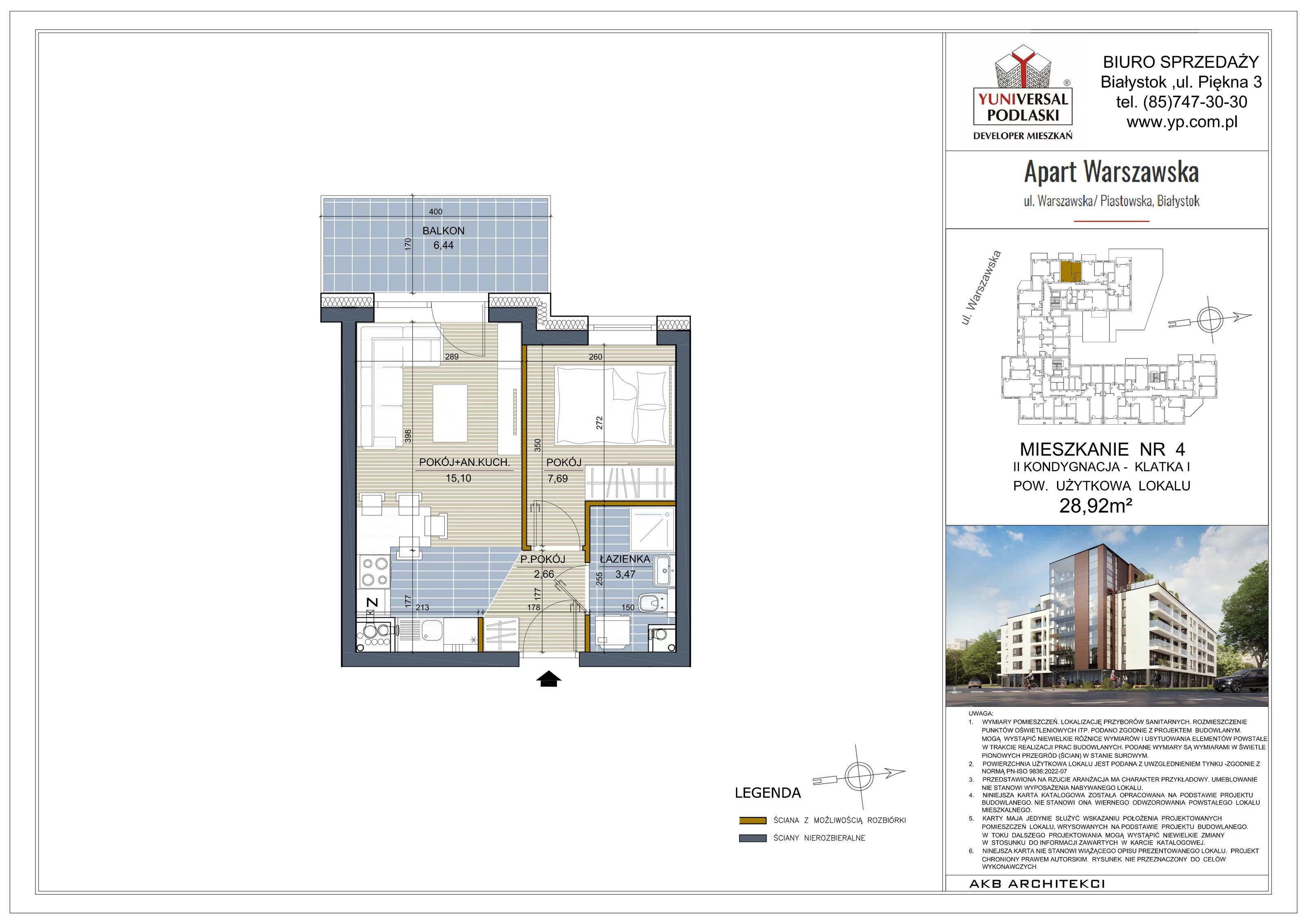 2 pokoje, mieszkanie 28,92 m², piętro 1, oferta nr 4, Apart Warszawska, Białystok, Piasta II, ul. Warszawska/ Piastowska