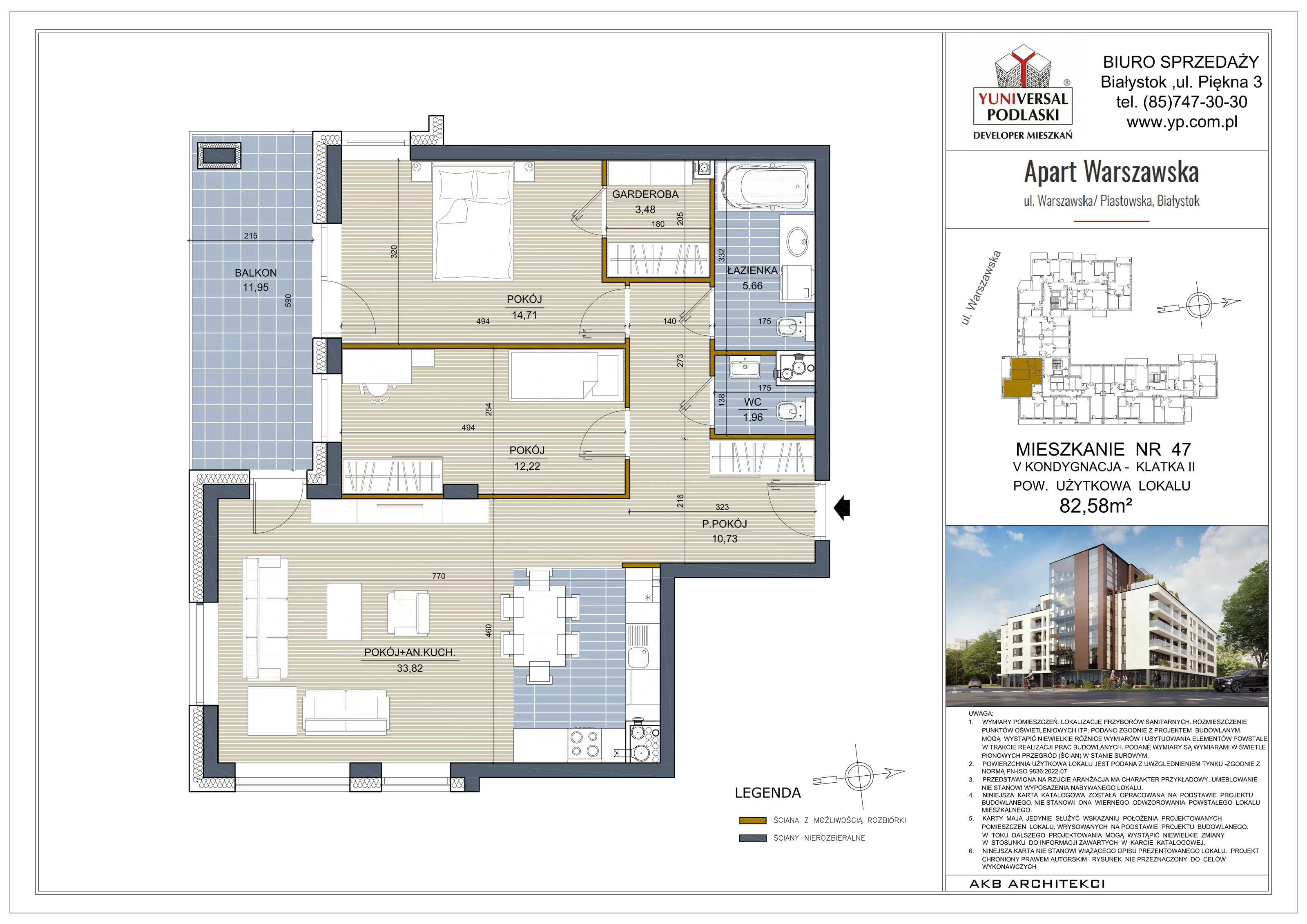 3 pokoje, mieszkanie 82,58 m², piętro 4, oferta nr 47, Apart Warszawska, Białystok, Piasta II, ul. Warszawska/ Piastowska