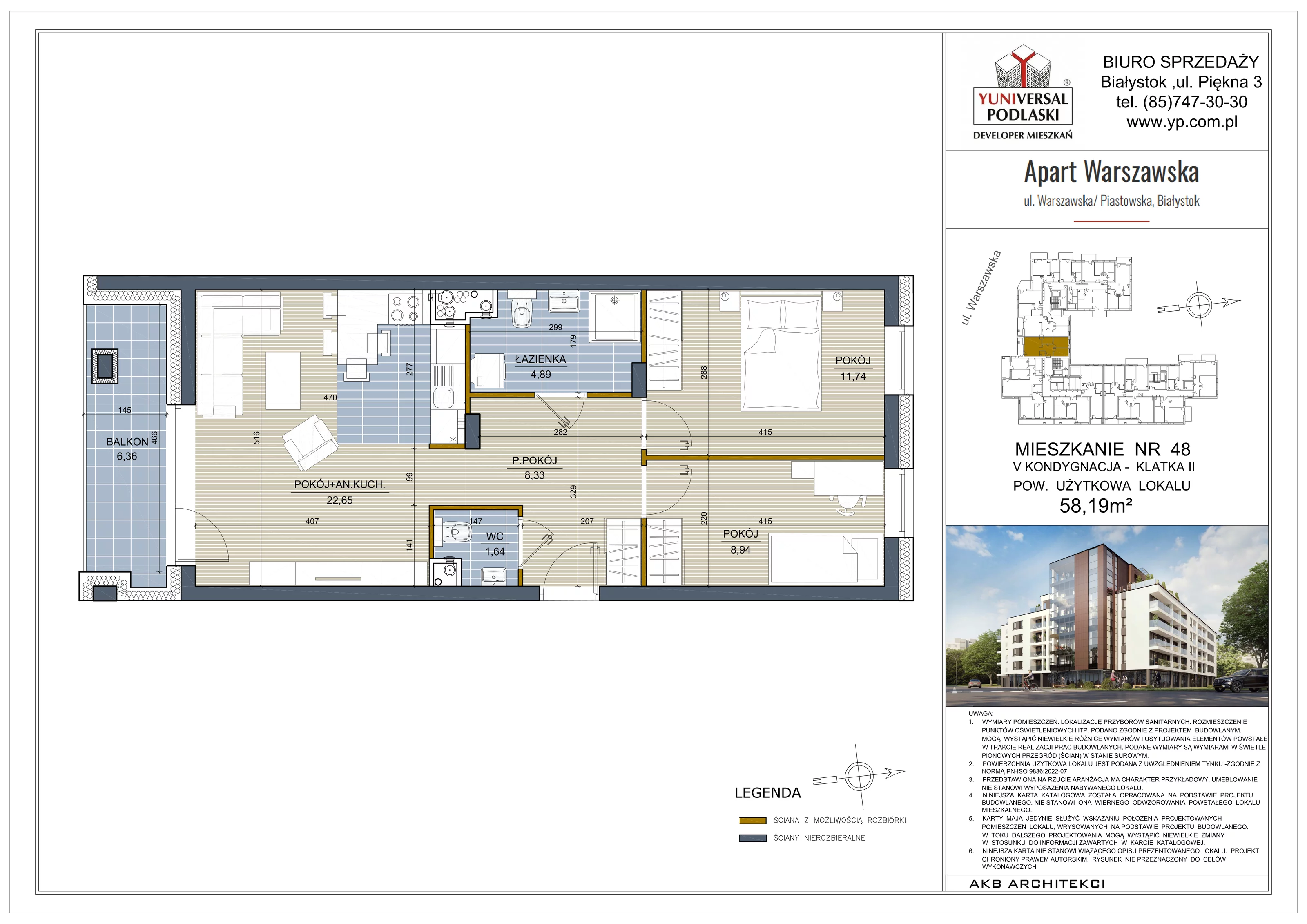 3 pokoje, mieszkanie 58,19 m², piętro 4, oferta nr 48, Apart Warszawska, Białystok, Piasta II, ul. Warszawska/ Piastowska