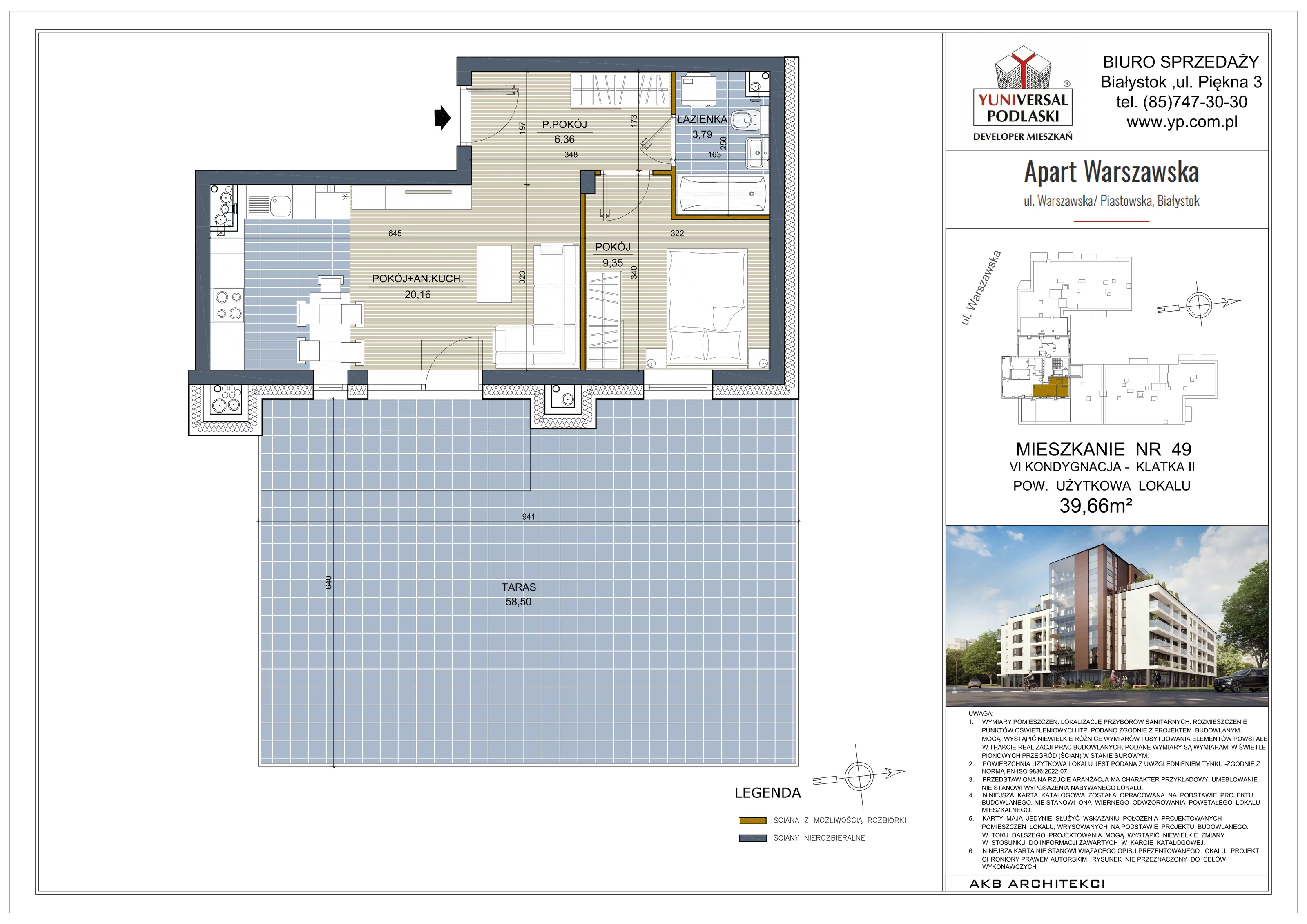2 pokoje, mieszkanie 39,66 m², piętro 5, oferta nr 49, Apart Warszawska, Białystok, Piasta II, ul. Warszawska/ Piastowska