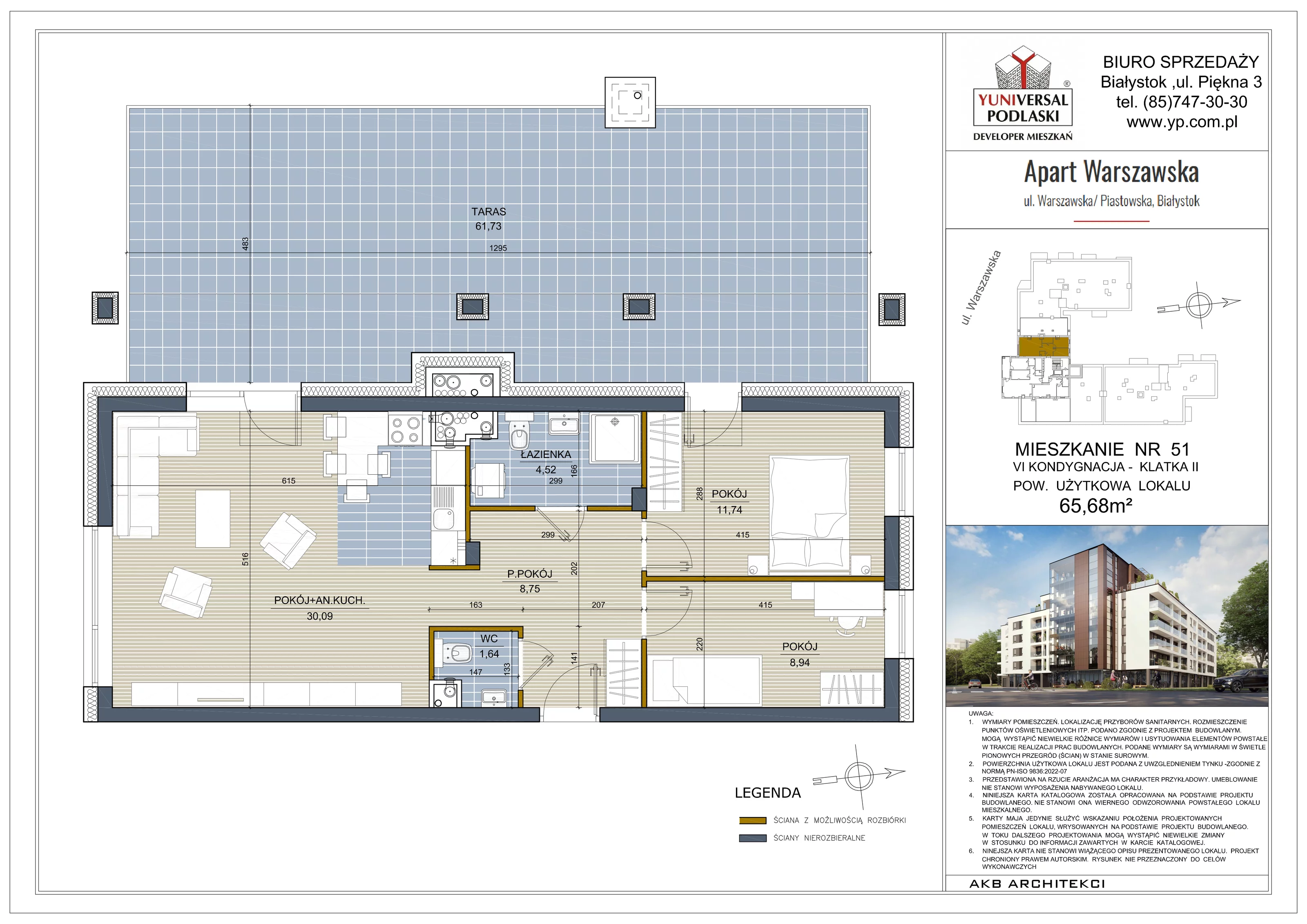 3 pokoje, mieszkanie 65,68 m², piętro 5, oferta nr 51, Apart Warszawska, Białystok, Piasta II, ul. Warszawska/ Piastowska