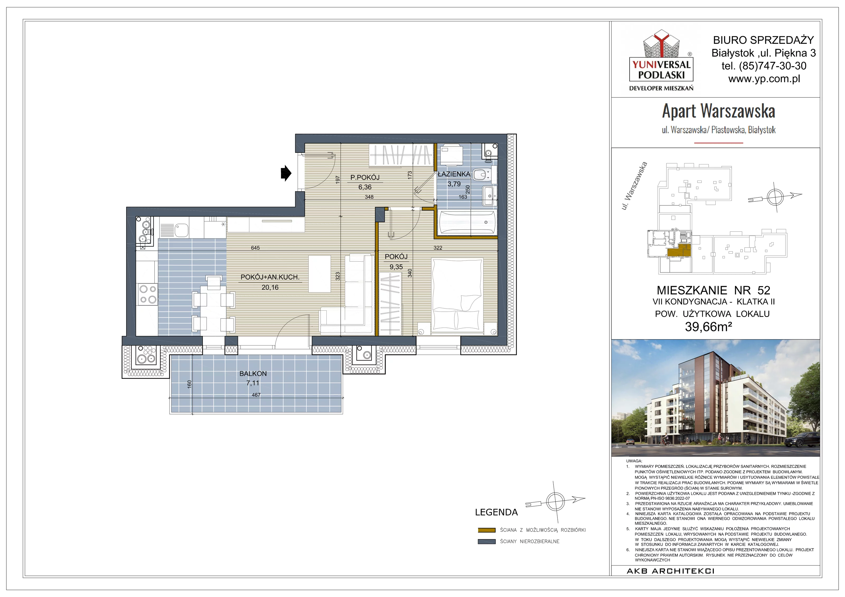 2 pokoje, mieszkanie 39,66 m², piętro 6, oferta nr 52, Apart Warszawska, Białystok, Piasta II, ul. Warszawska/ Piastowska