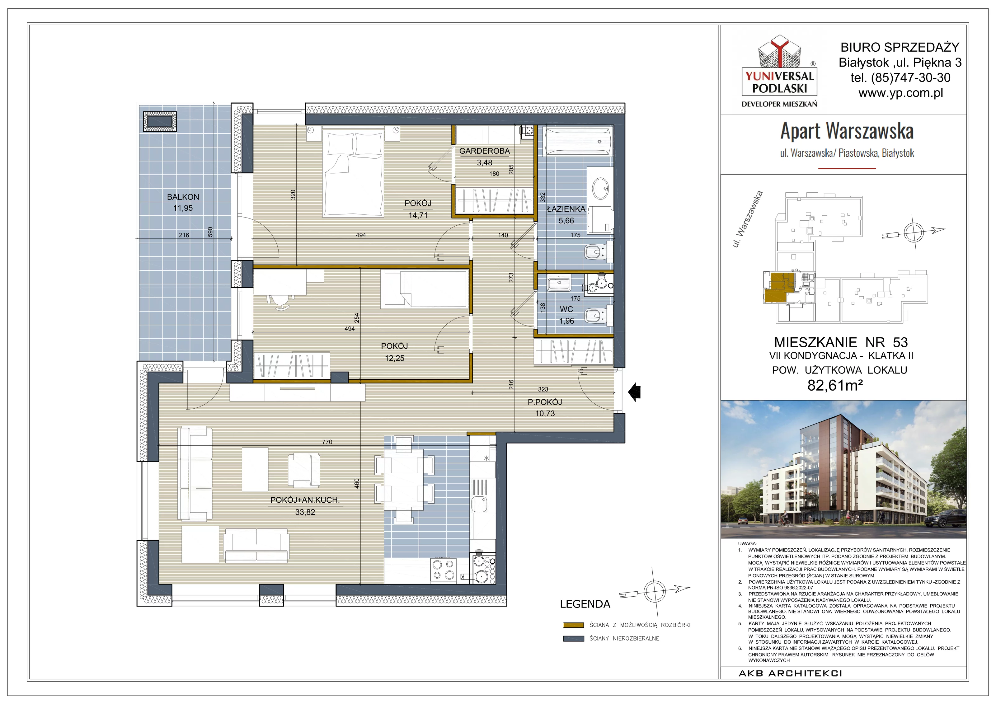 3 pokoje, mieszkanie 82,61 m², piętro 6, oferta nr 53, Apart Warszawska, Białystok, Piasta II, ul. Warszawska/ Piastowska