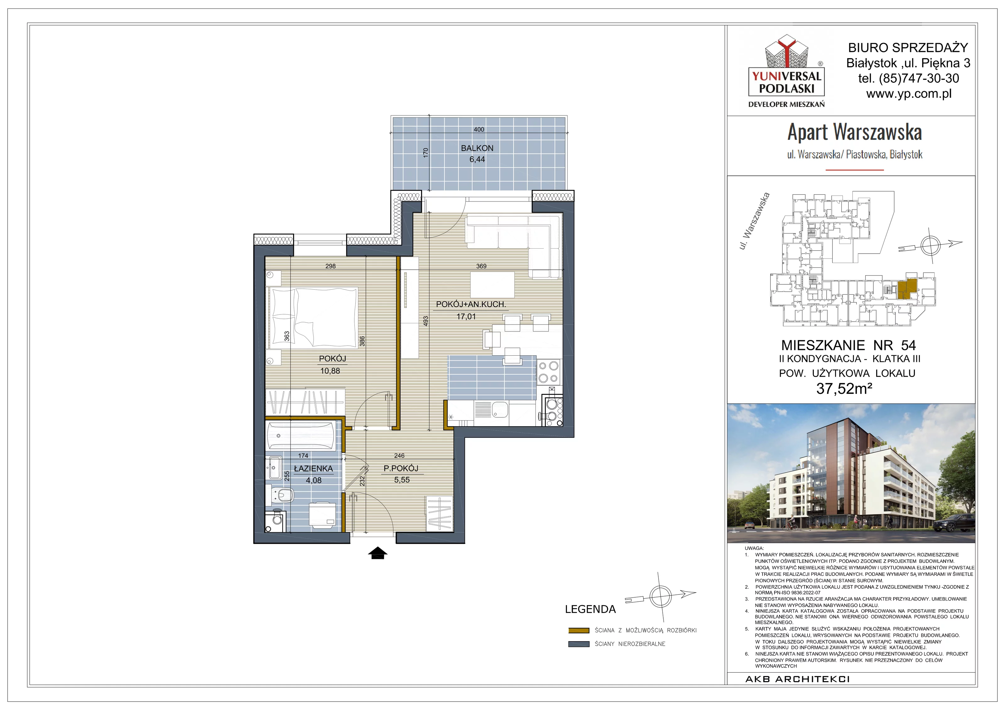 2 pokoje, mieszkanie 37,52 m², piętro 1, oferta nr 54, Apart Warszawska, Białystok, Piasta II, ul. Warszawska/ Piastowska