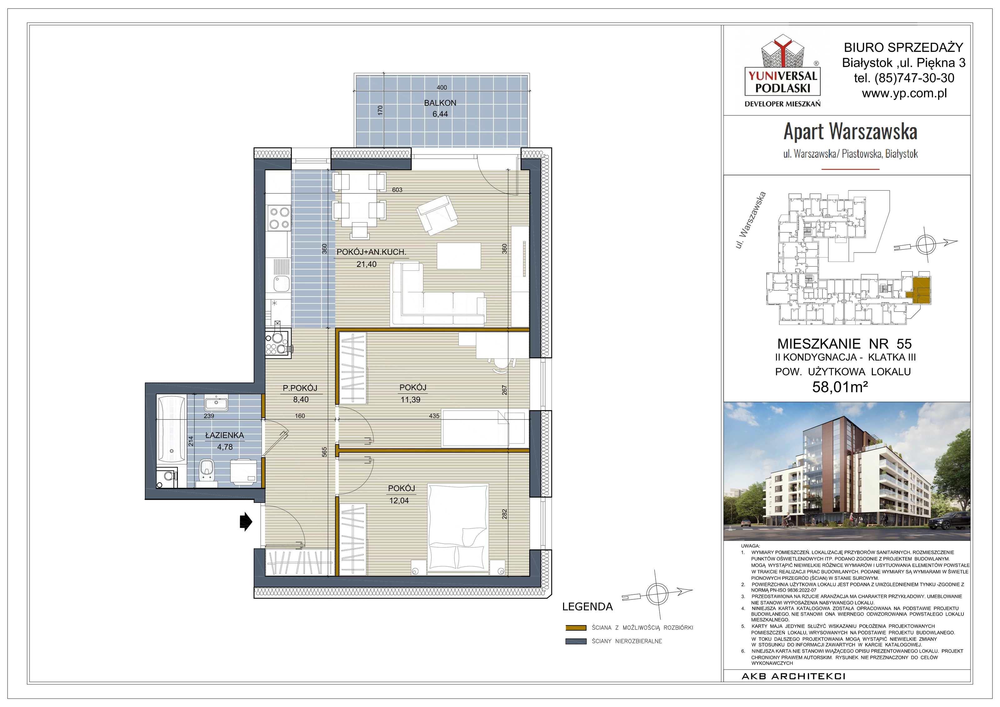 3 pokoje, mieszkanie 58,01 m², piętro 1, oferta nr 55, Apart Warszawska, Białystok, Piasta II, ul. Warszawska/ Piastowska