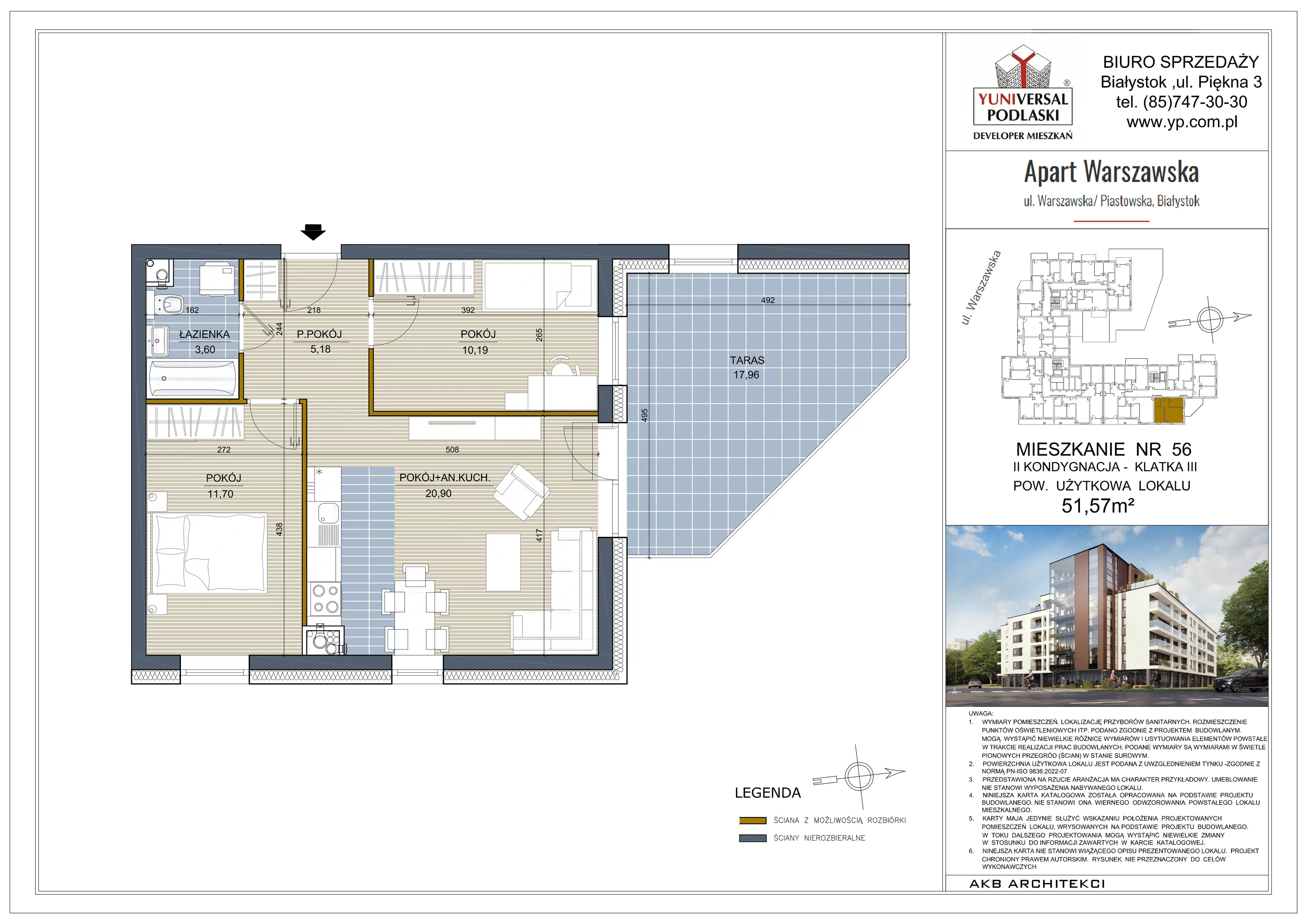 3 pokoje, mieszkanie 51,57 m², piętro 1, oferta nr 56, Apart Warszawska, Białystok, Piasta II, ul. Warszawska/ Piastowska
