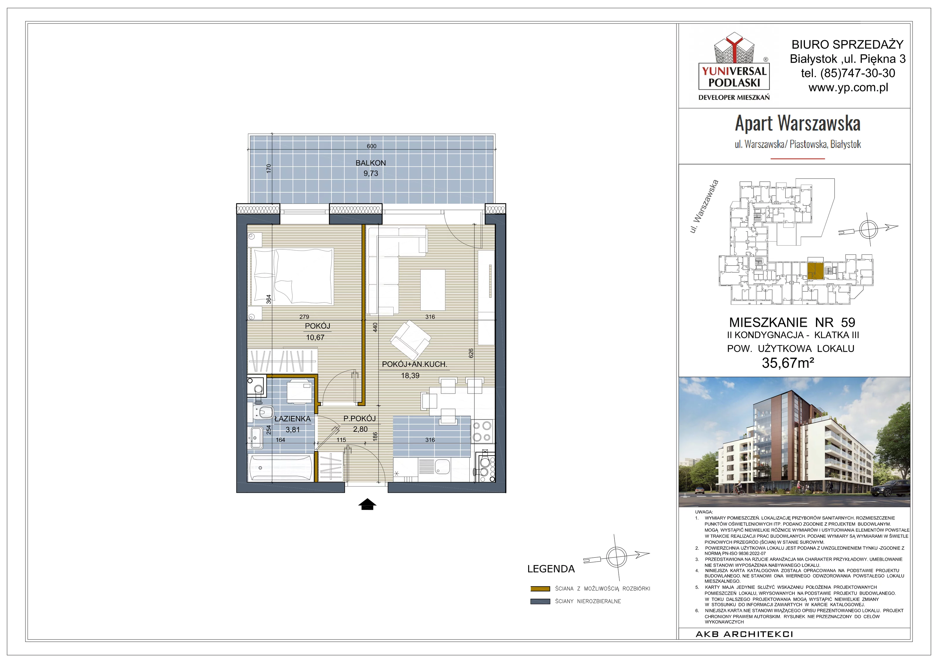 2 pokoje, mieszkanie 35,67 m², piętro 1, oferta nr 59, Apart Warszawska, Białystok, Piasta II, ul. Warszawska/ Piastowska