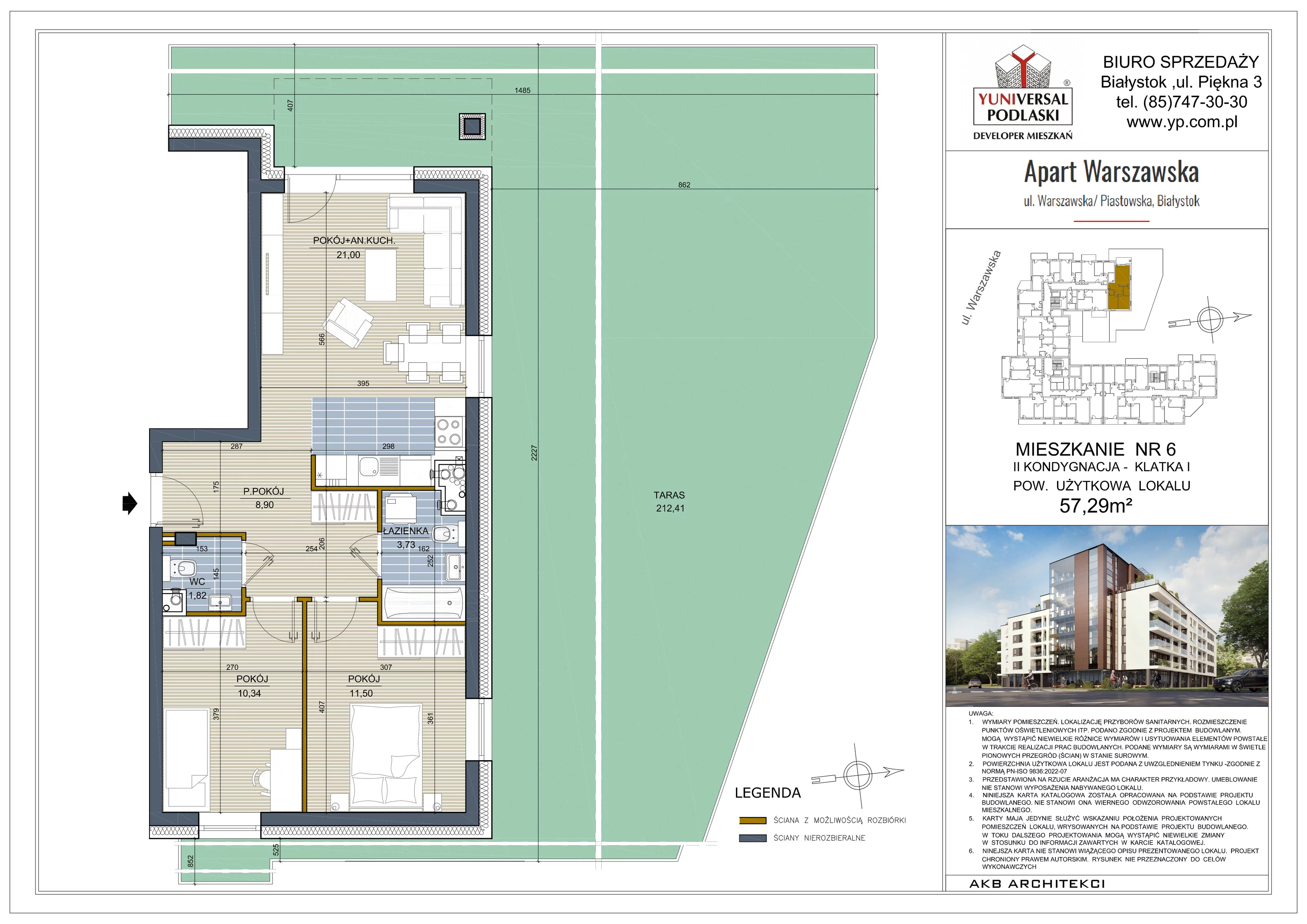 3 pokoje, mieszkanie 57,29 m², piętro 1, oferta nr 6, Apart Warszawska, Białystok, Piasta II, ul. Warszawska/ Piastowska