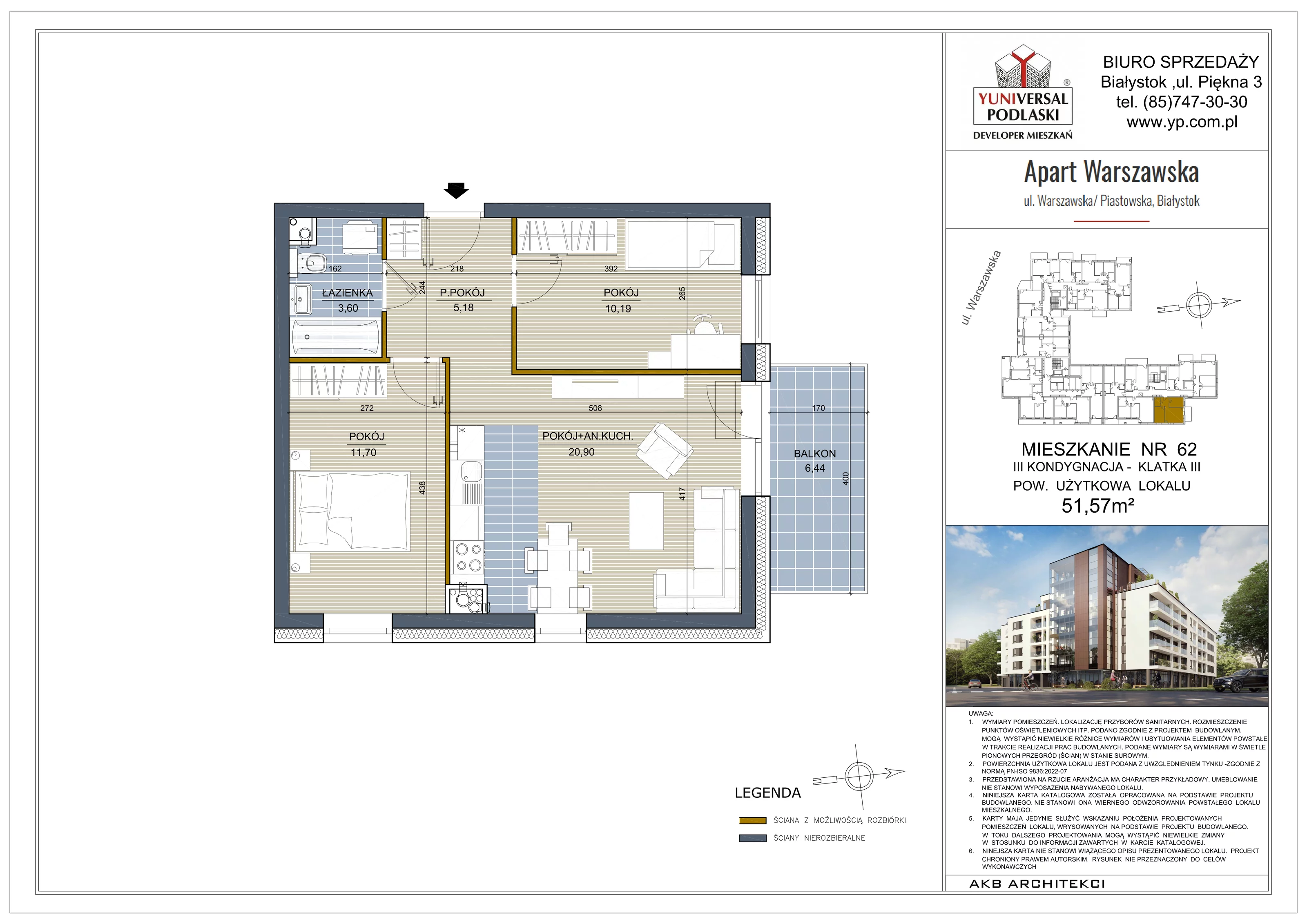 3 pokoje, mieszkanie 51,57 m², piętro 2, oferta nr 62, Apart Warszawska, Białystok, Piasta II, ul. Warszawska/ Piastowska