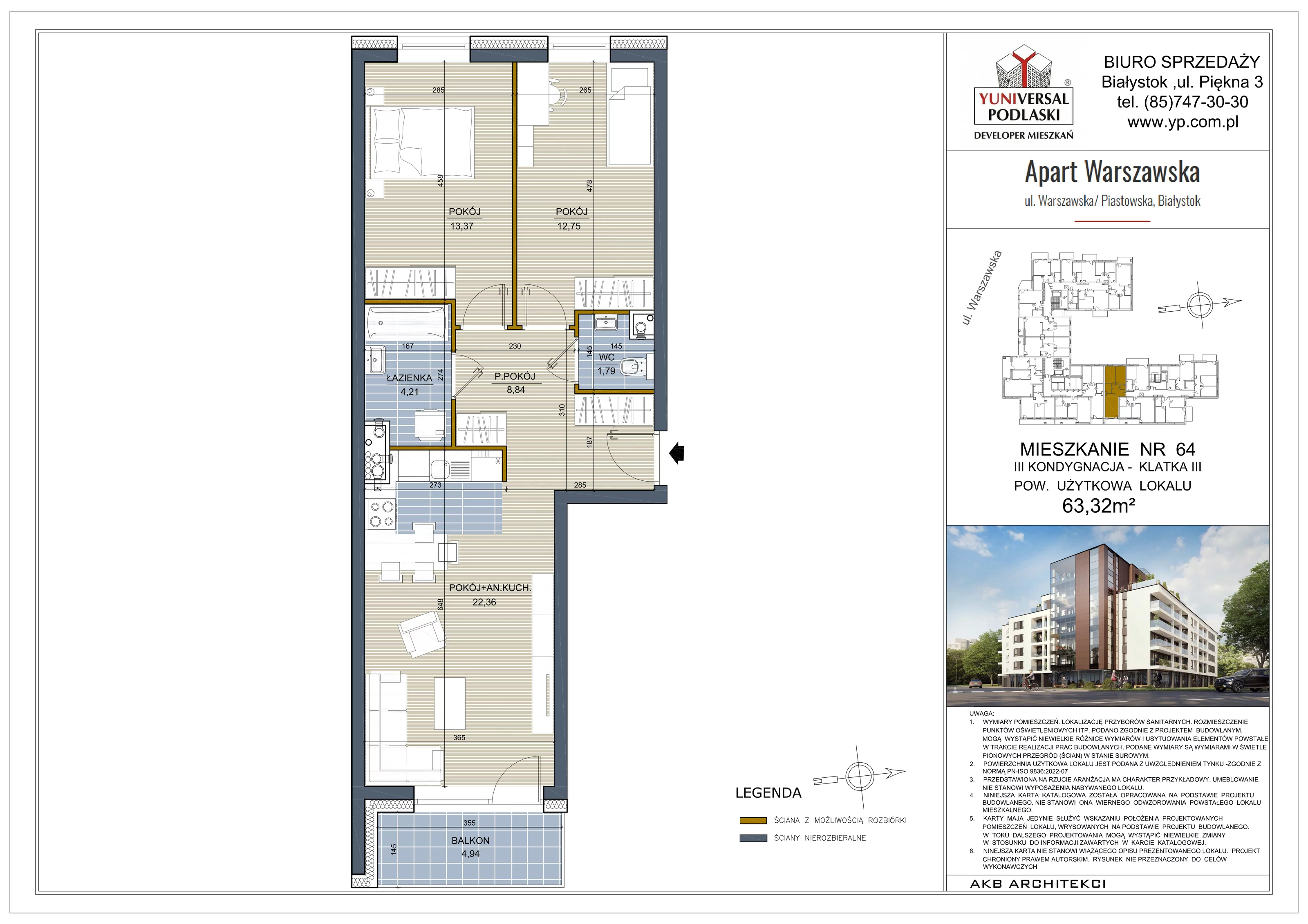 3 pokoje, mieszkanie 63,32 m², piętro 2, oferta nr 64, Apart Warszawska, Białystok, Piasta II, ul. Warszawska/ Piastowska