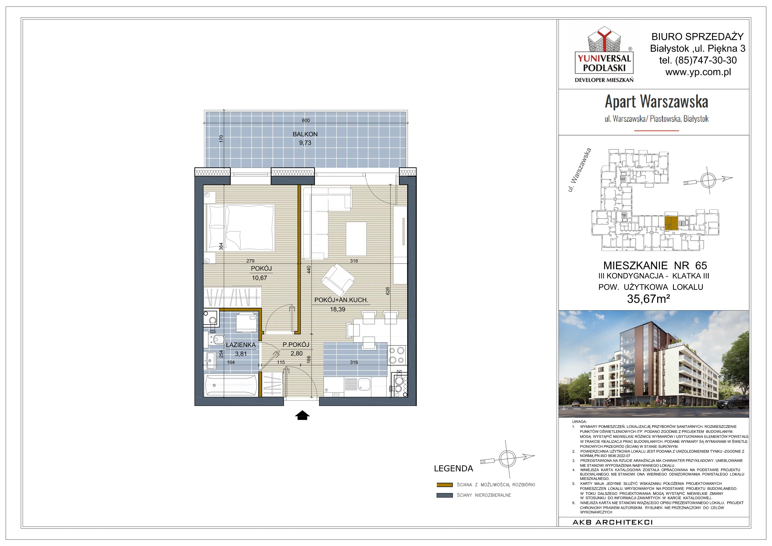 2 pokoje, mieszkanie 35,67 m², piętro 2, oferta nr 65, Apart Warszawska, Białystok, Piasta II, ul. Warszawska/ Piastowska