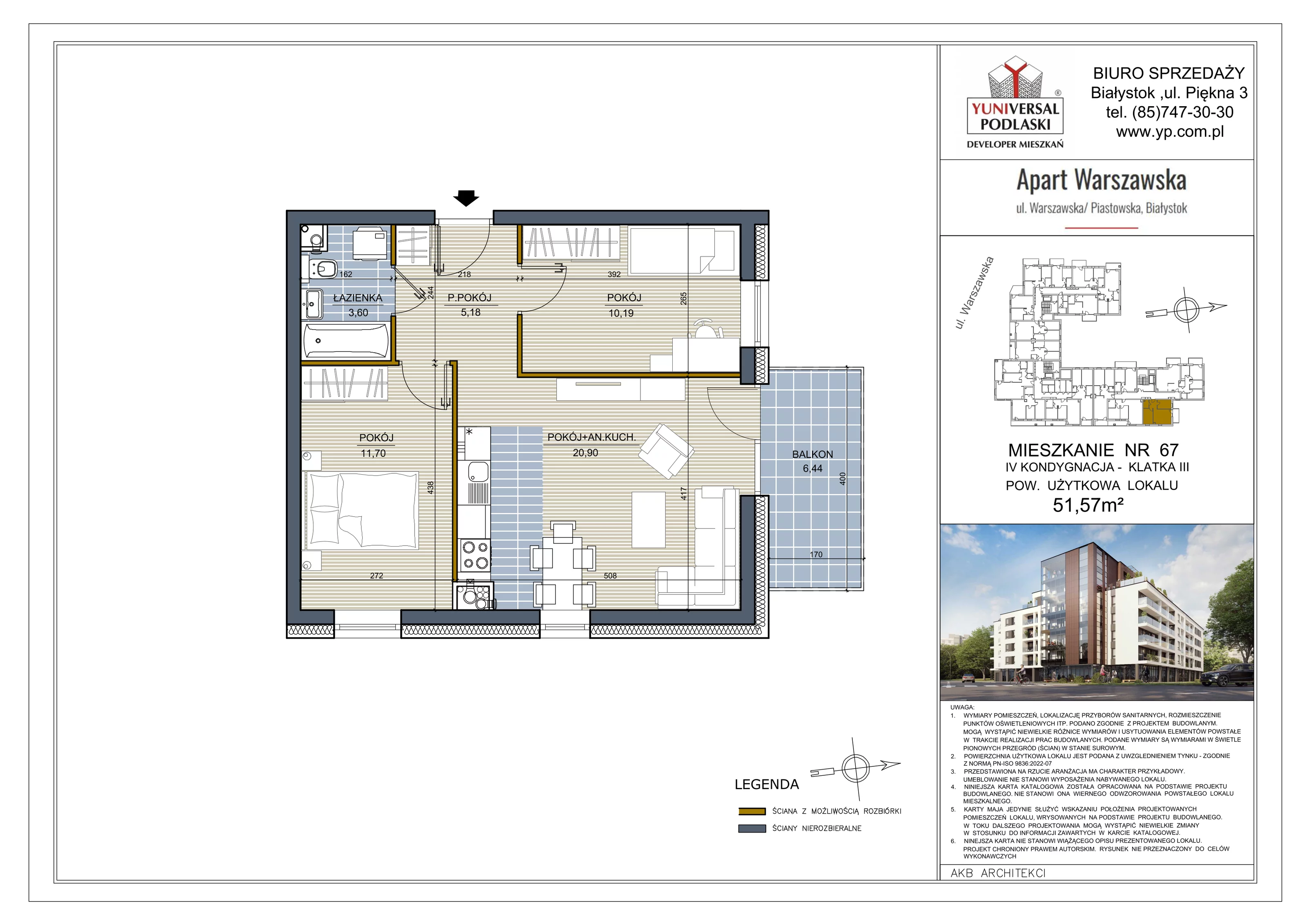 3 pokoje, mieszkanie 51,57 m², piętro 3, oferta nr 67, Apart Warszawska, Białystok, Piasta II, ul. Warszawska/ Piastowska