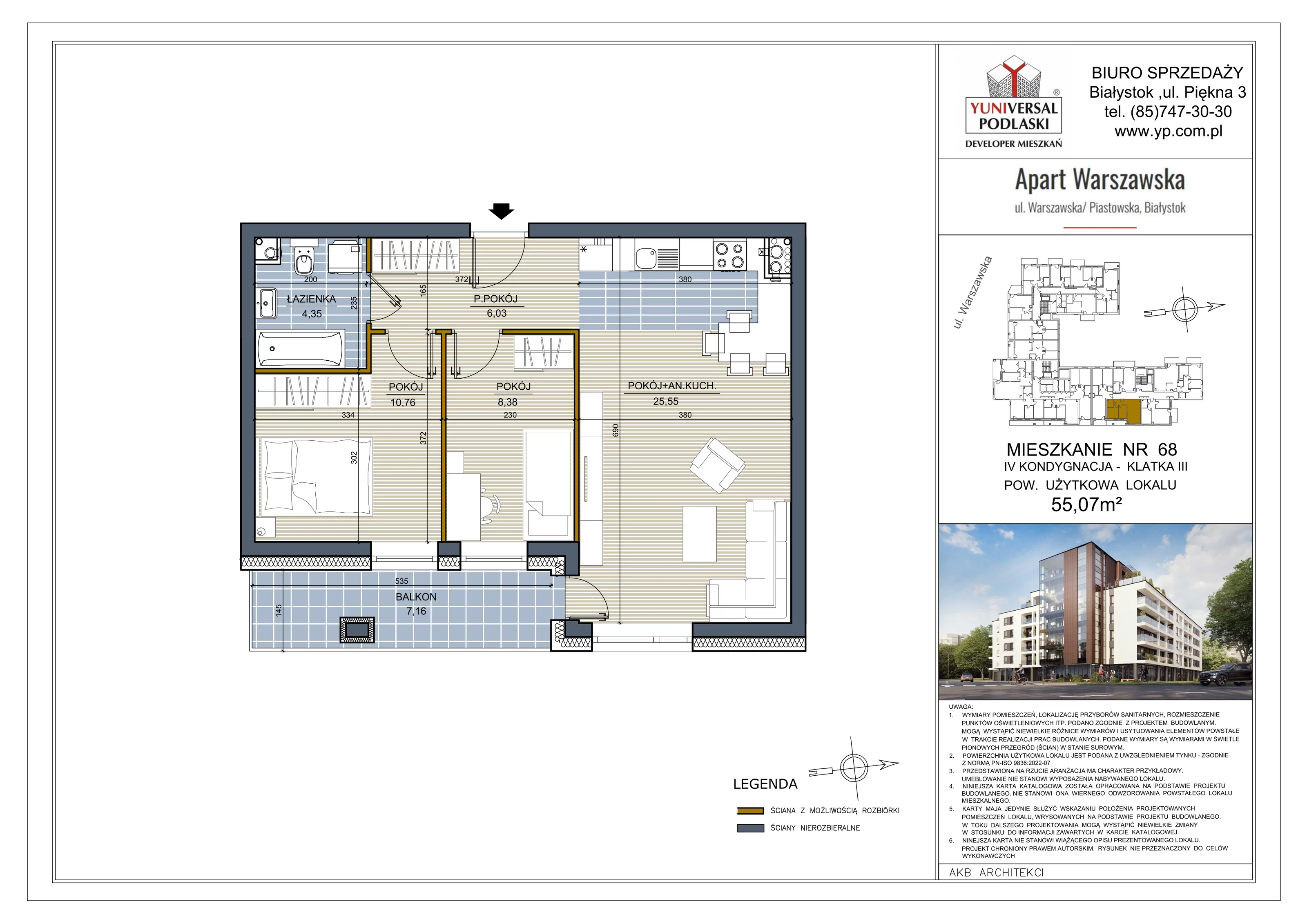 3 pokoje, mieszkanie 55,07 m², piętro 3, oferta nr 68, Apart Warszawska, Białystok, Piasta II, ul. Warszawska/ Piastowska