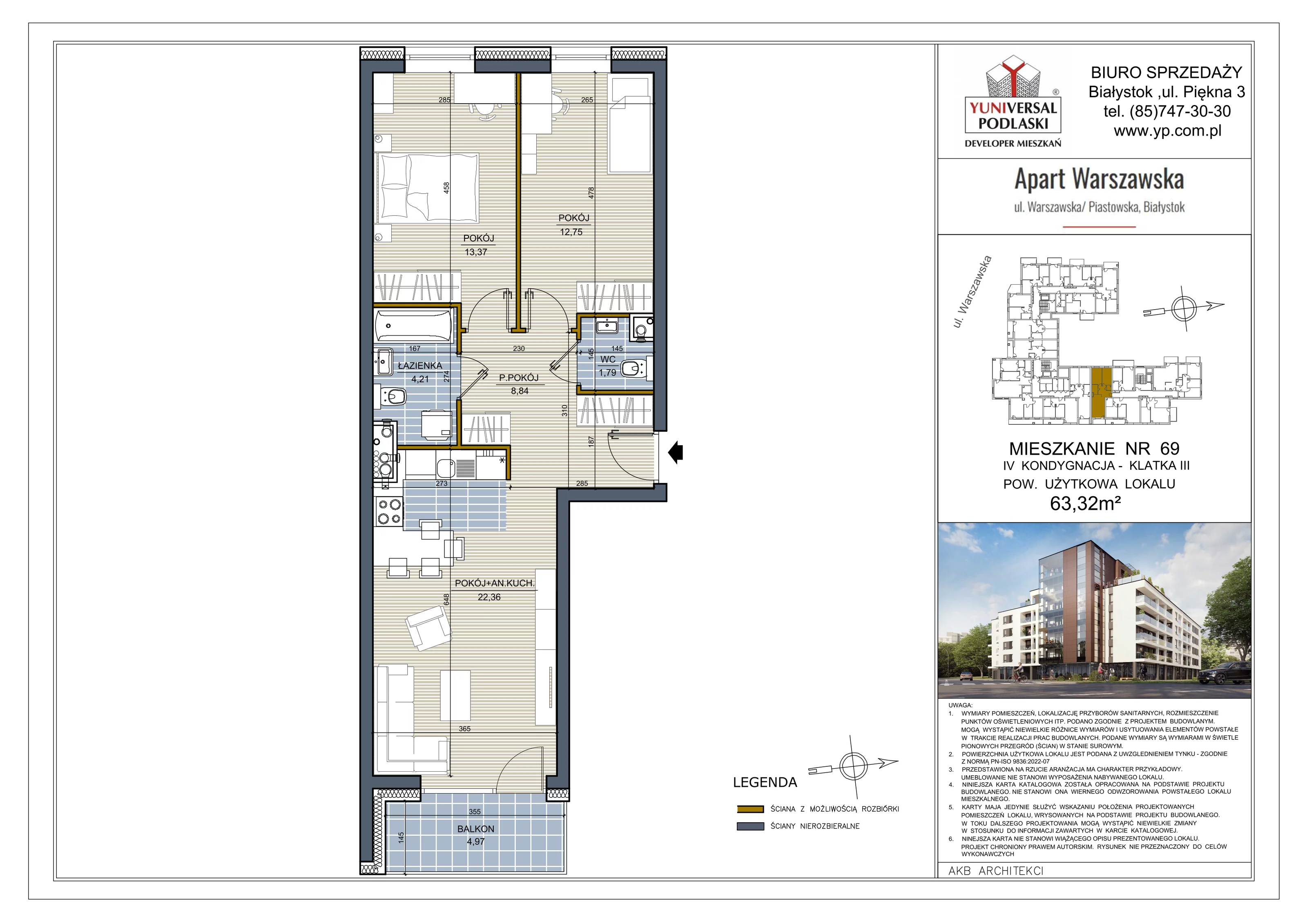 3 pokoje, mieszkanie 63,32 m², piętro 3, oferta nr 69, Apart Warszawska, Białystok, Piasta II, ul. Warszawska/ Piastowska