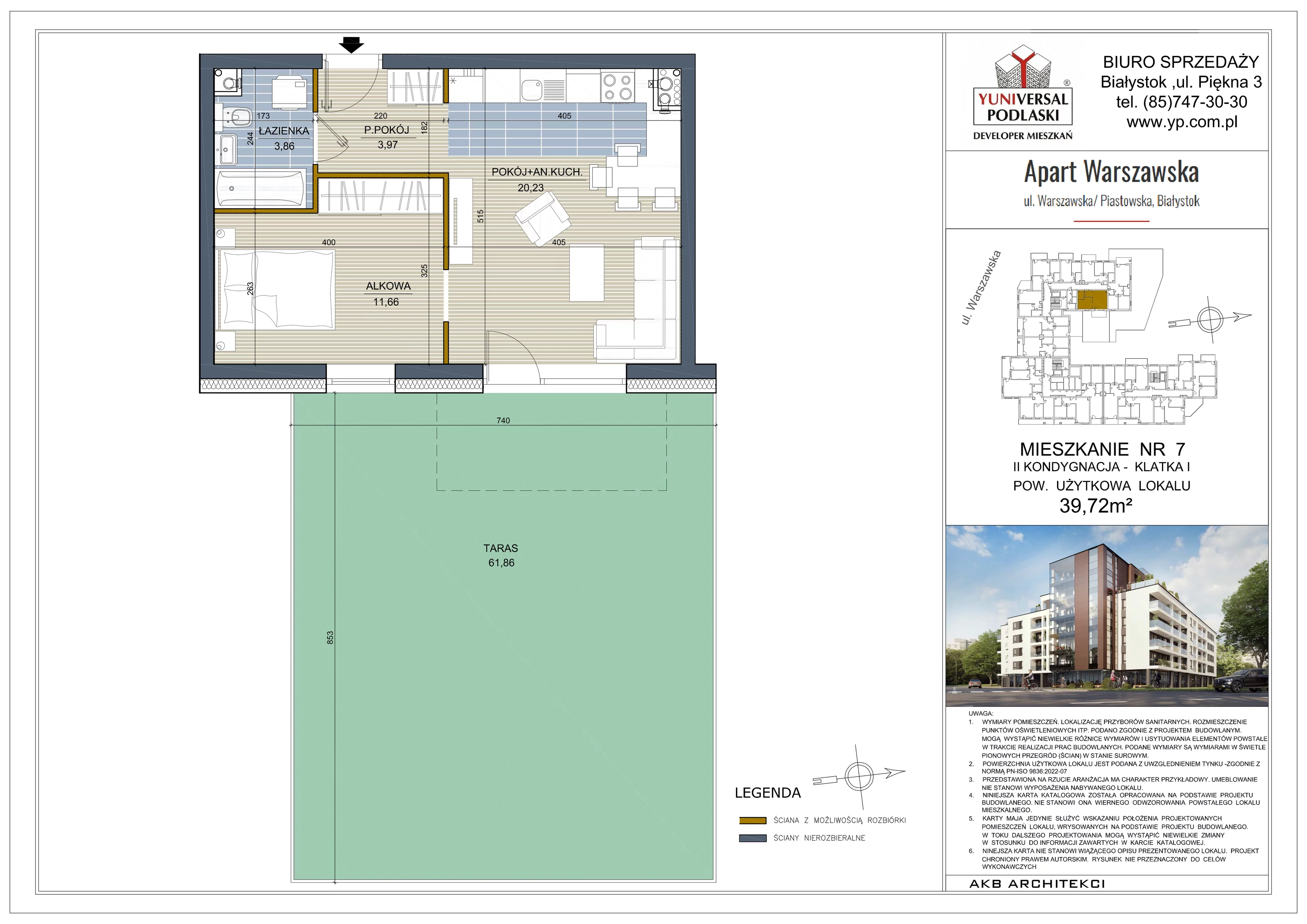 2 pokoje, mieszkanie 39,72 m², piętro 1, oferta nr 7, Apart Warszawska, Białystok, Piasta II, ul. Warszawska/ Piastowska