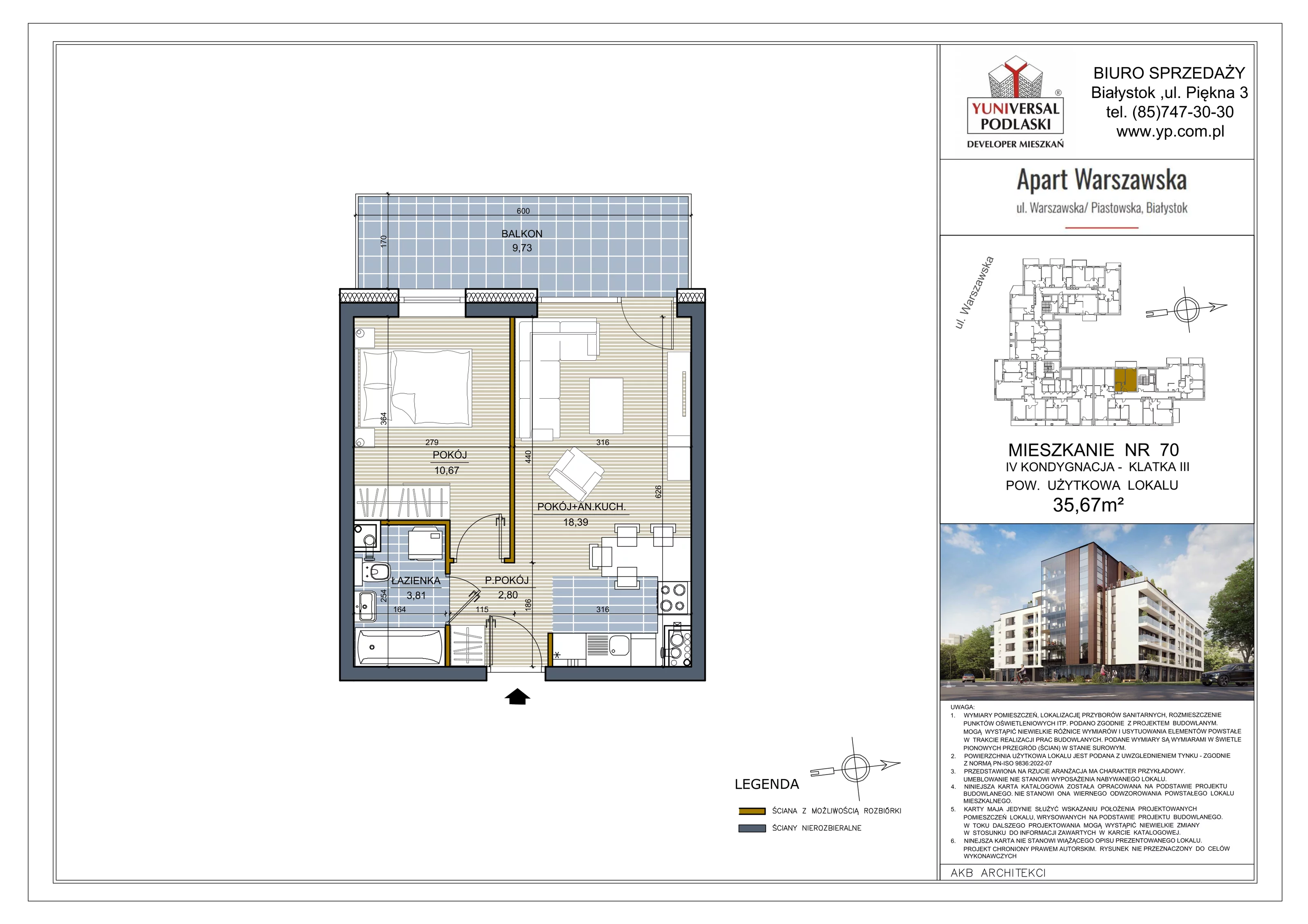2 pokoje, mieszkanie 35,67 m², piętro 3, oferta nr 70, Apart Warszawska, Białystok, Piasta II, ul. Warszawska/ Piastowska