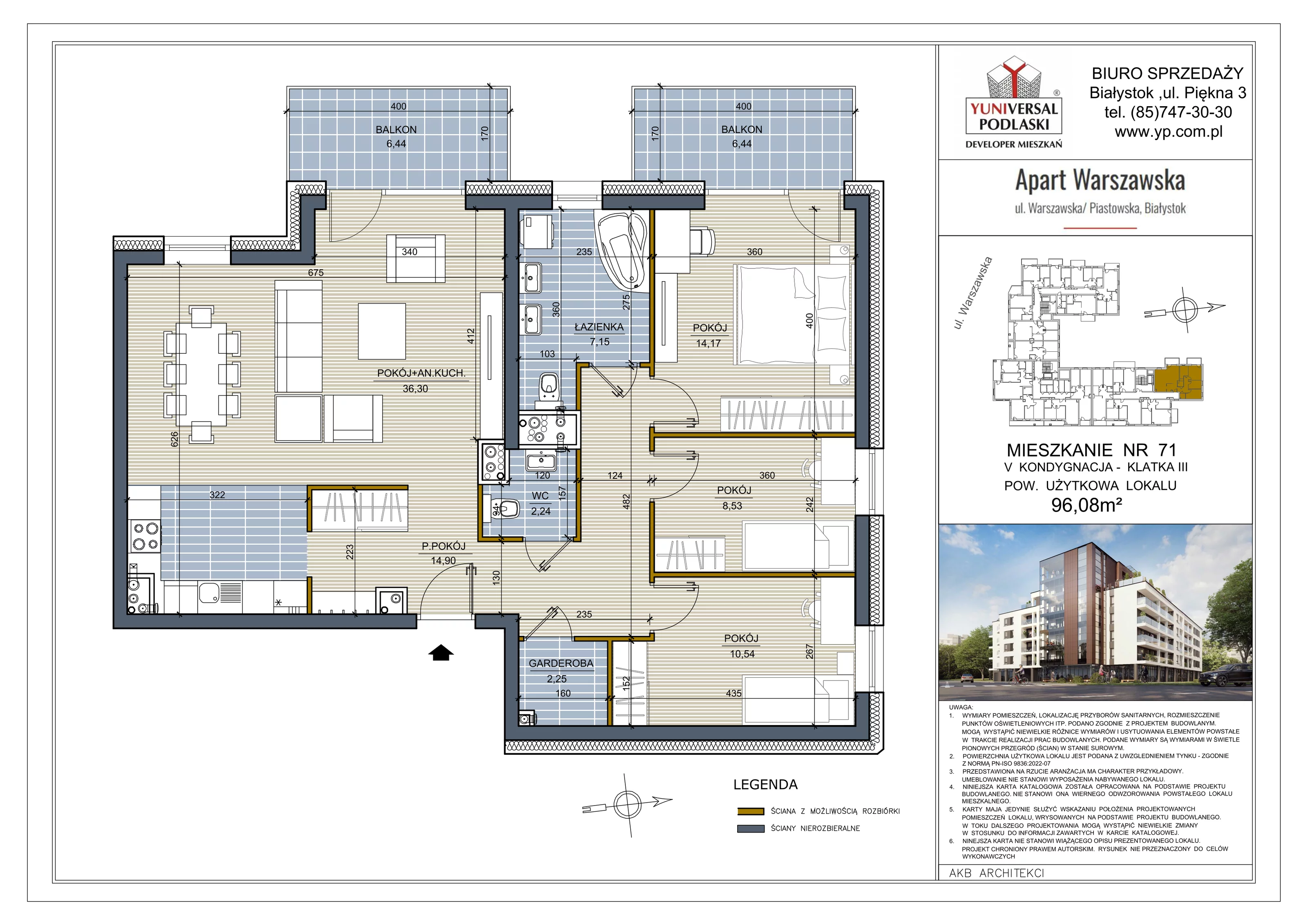 2 pokoje, mieszkanie 96,08 m², piętro 3, oferta nr 71, Apart Warszawska, Białystok, Piasta II, ul. Warszawska/ Piastowska