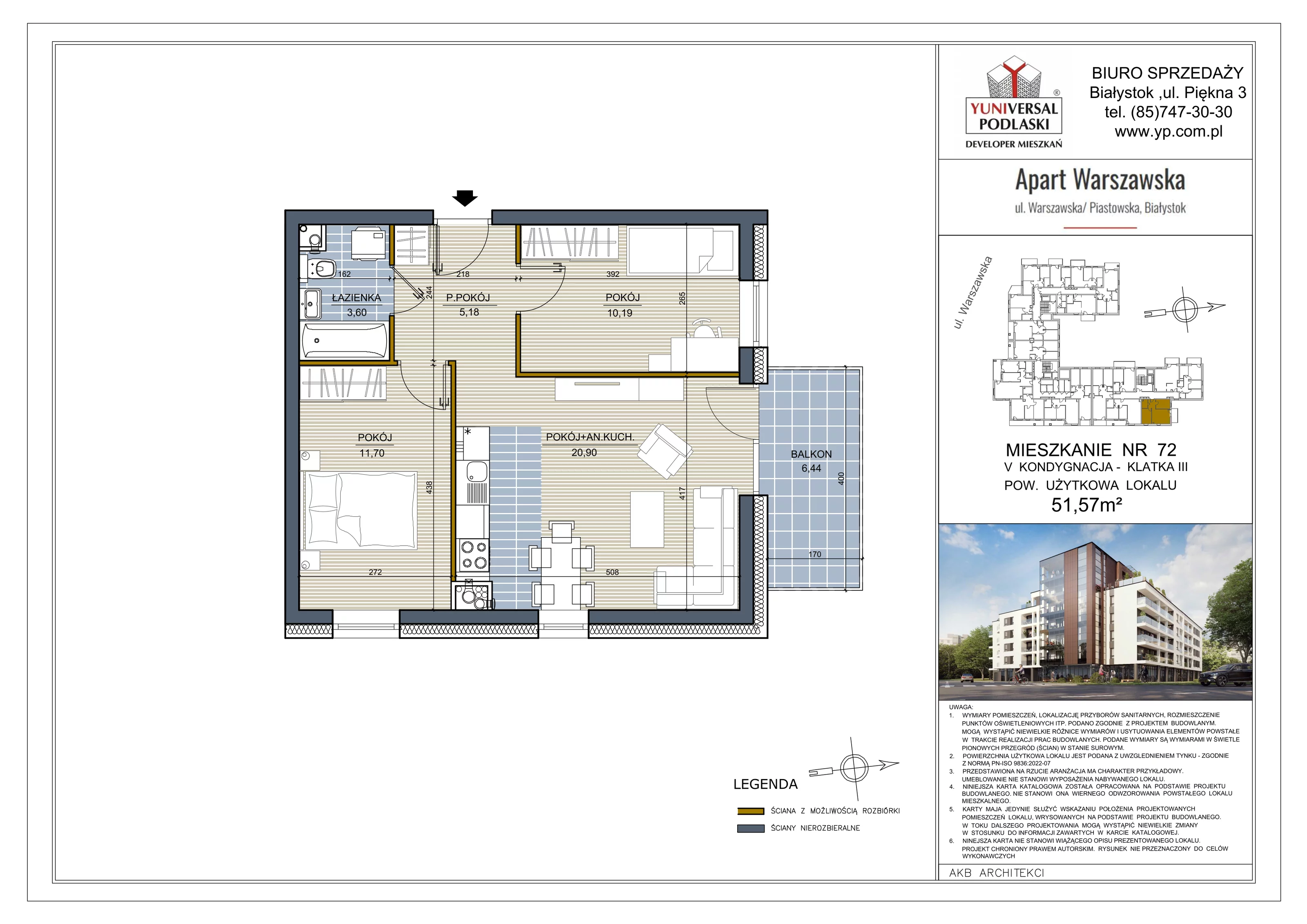 3 pokoje, mieszkanie 51,57 m², piętro 3, oferta nr 72, Apart Warszawska, Białystok, Piasta II, ul. Warszawska/ Piastowska