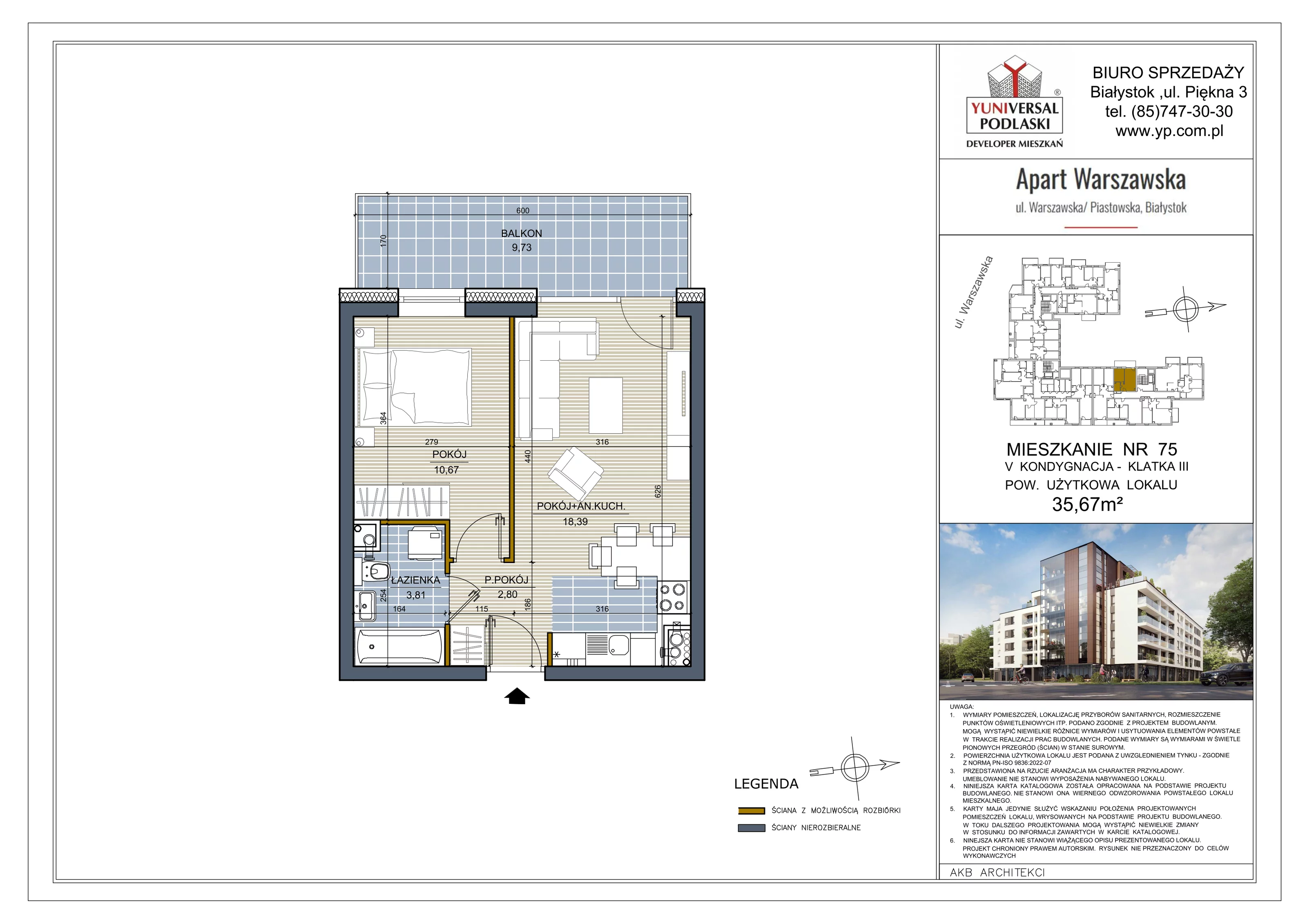 2 pokoje, mieszkanie 35,67 m², piętro 3, oferta nr 75, Apart Warszawska, Białystok, Piasta II, ul. Warszawska/ Piastowska