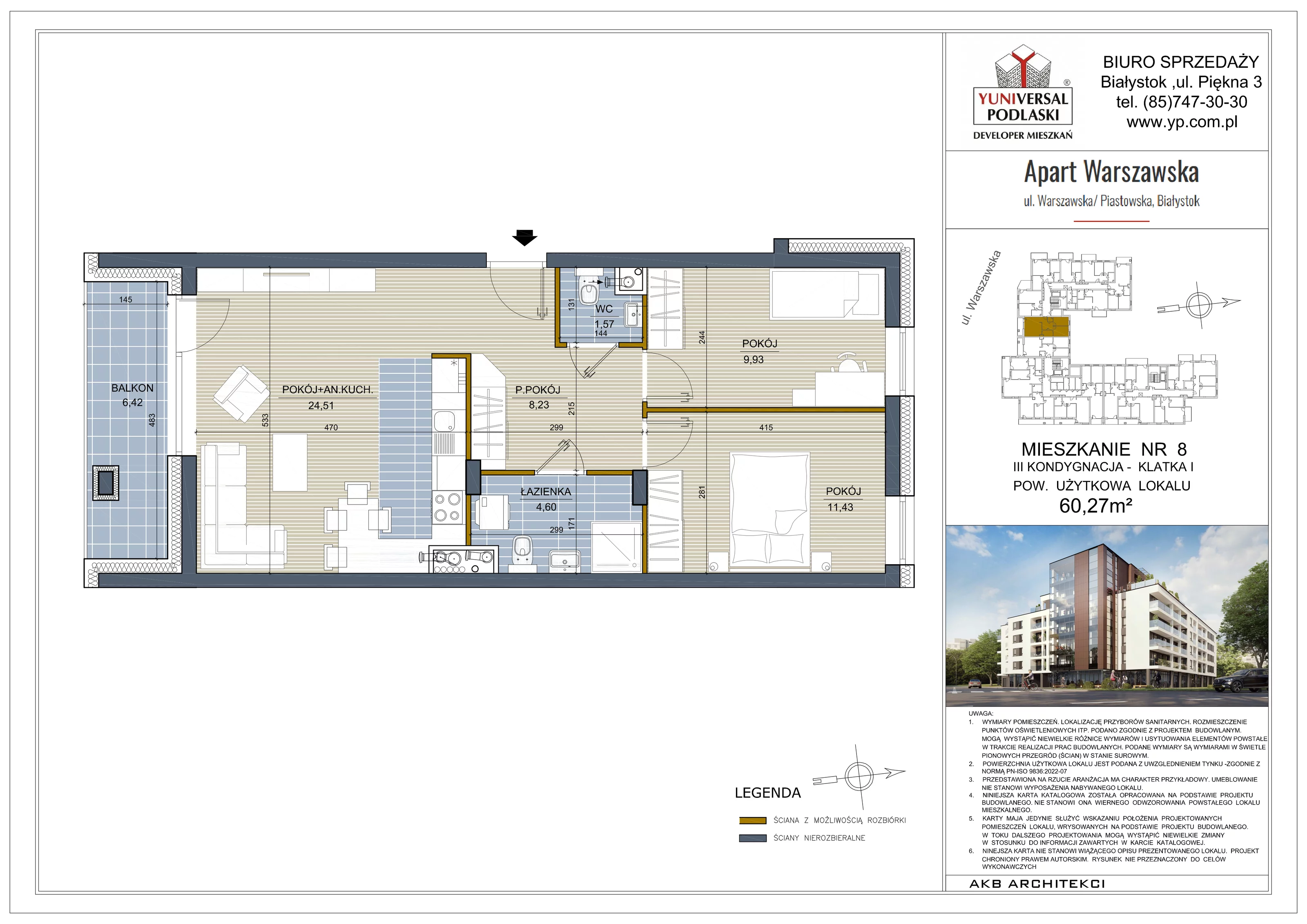 3 pokoje, mieszkanie 60,27 m², piętro 2, oferta nr 8, Apart Warszawska, Białystok, Piasta II, ul. Warszawska/ Piastowska
