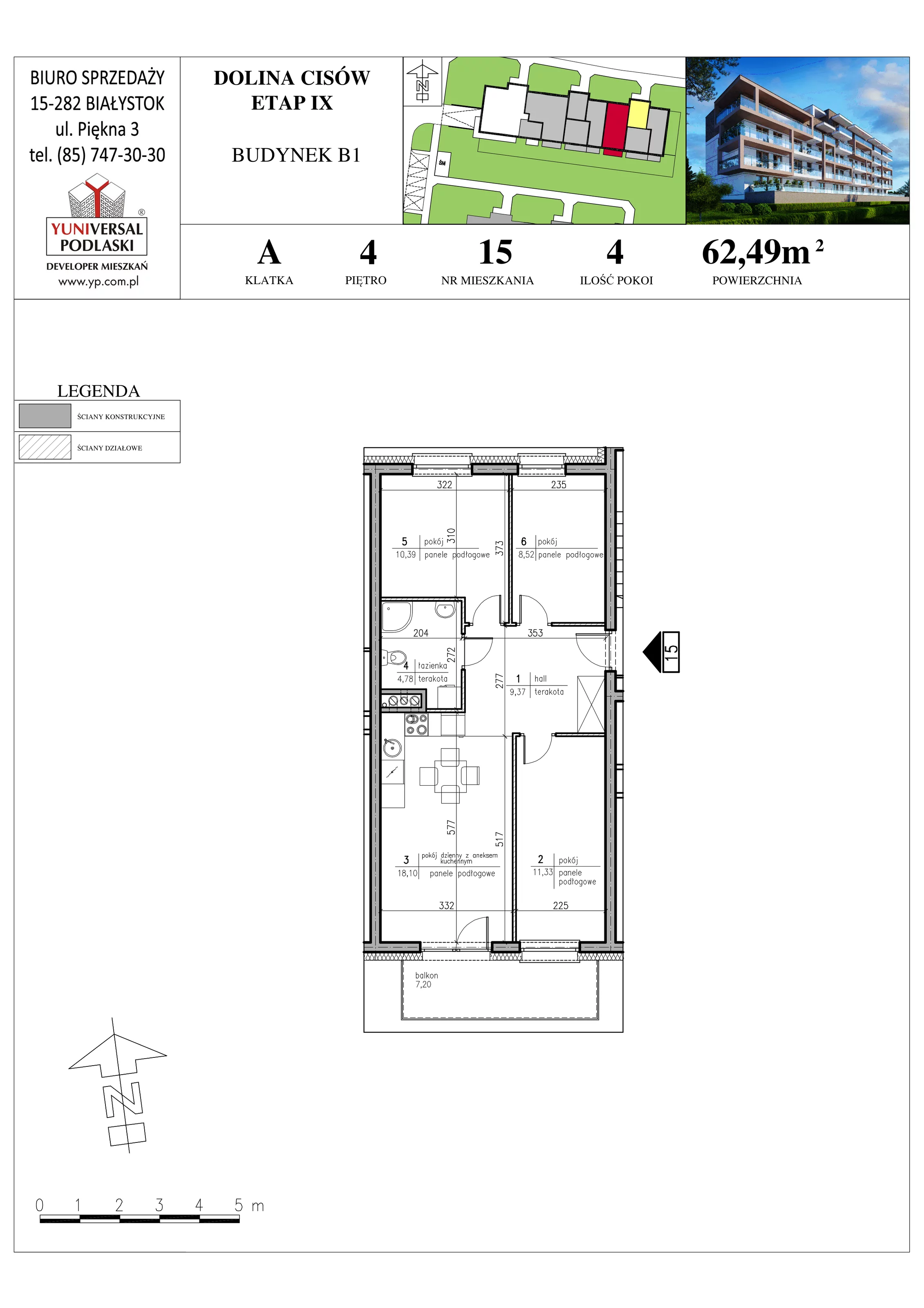 Mieszkanie 62,49 m², piętro 4, oferta nr B1-15, Osiedle Dolina Cisów - Etap IX, Wasilków, ul. Nadawki