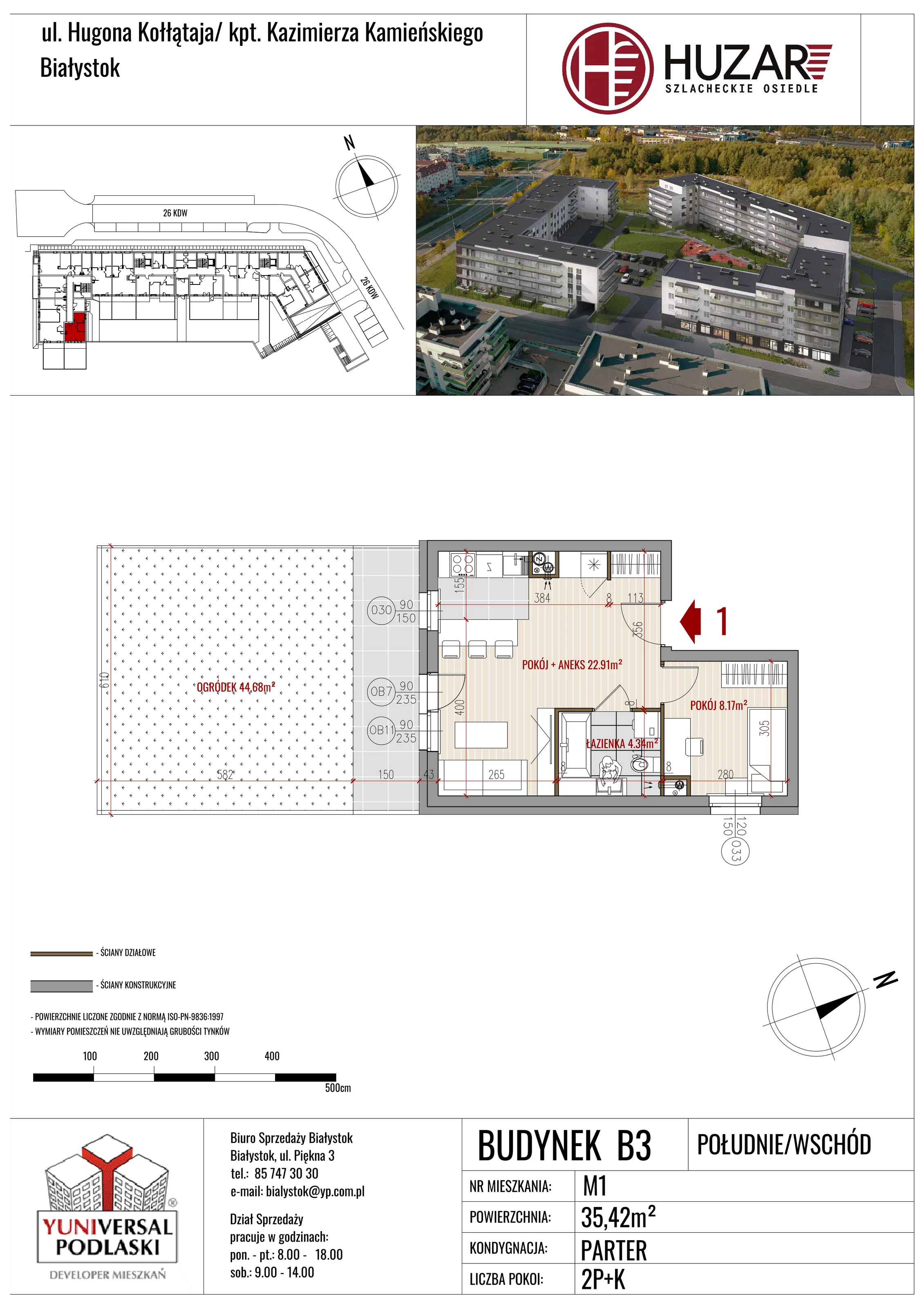 2 pokoje, mieszkanie 35,42 m², parter, oferta nr B3/1, Huzar B3, Białystok, Bacieczki, ul. Hugona Kołłątaja / kpt. Kazimierza Kamieńskiego