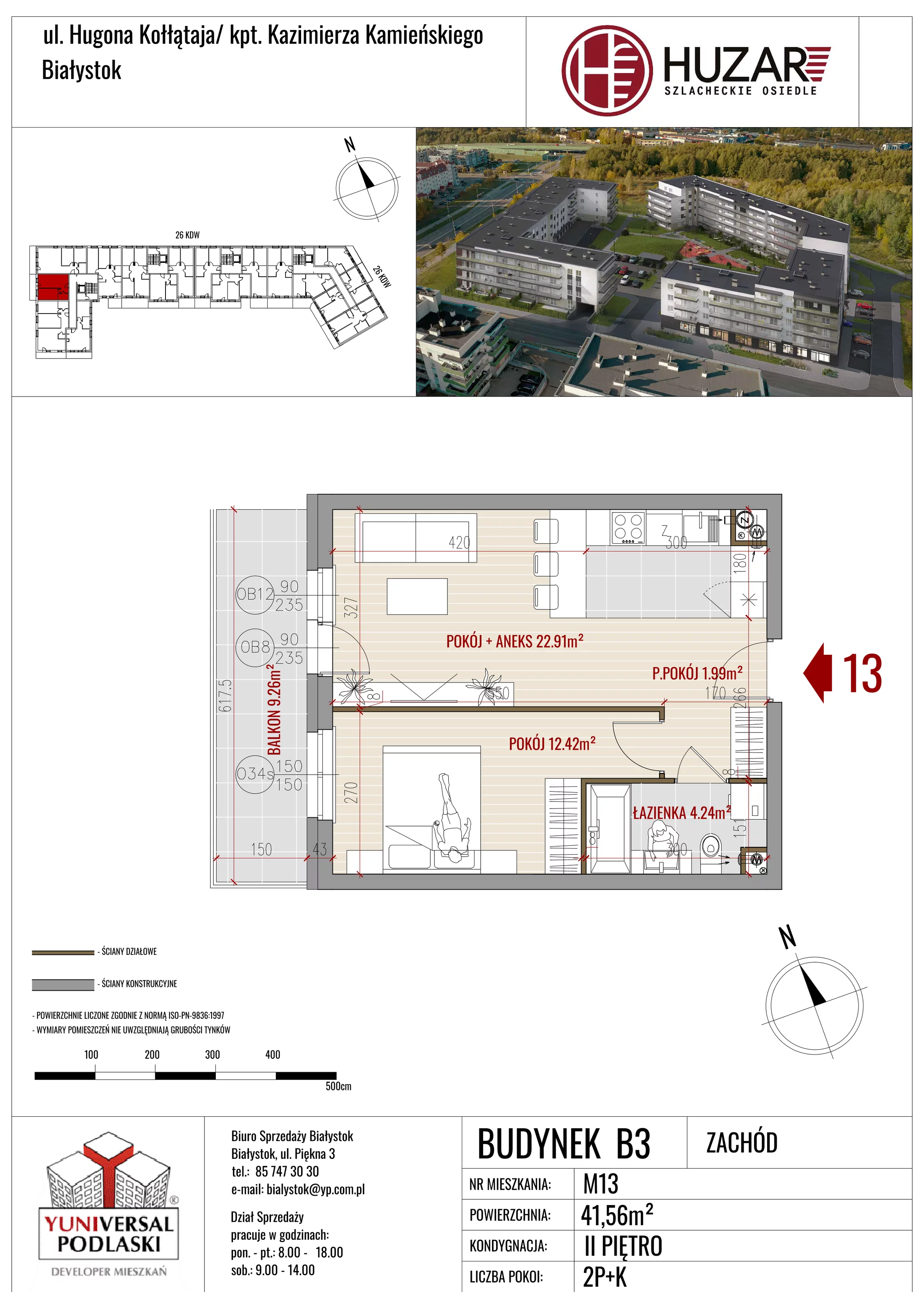 2 pokoje, mieszkanie 41,56 m², piętro 2, oferta nr B3/13, Huzar B3, Białystok, Bacieczki, ul. Hugona Kołłątaja / kpt. Kazimierza Kamieńskiego