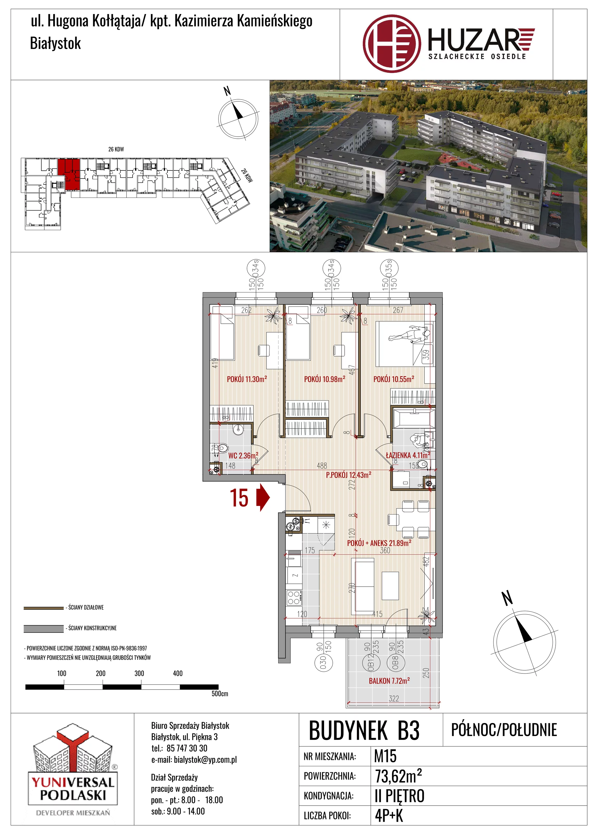 4 pokoje, mieszkanie 73,62 m², piętro 2, oferta nr B3/15, Huzar B3, Białystok, Bacieczki, ul. Hugona Kołłątaja / kpt. Kazimierza Kamieńskiego