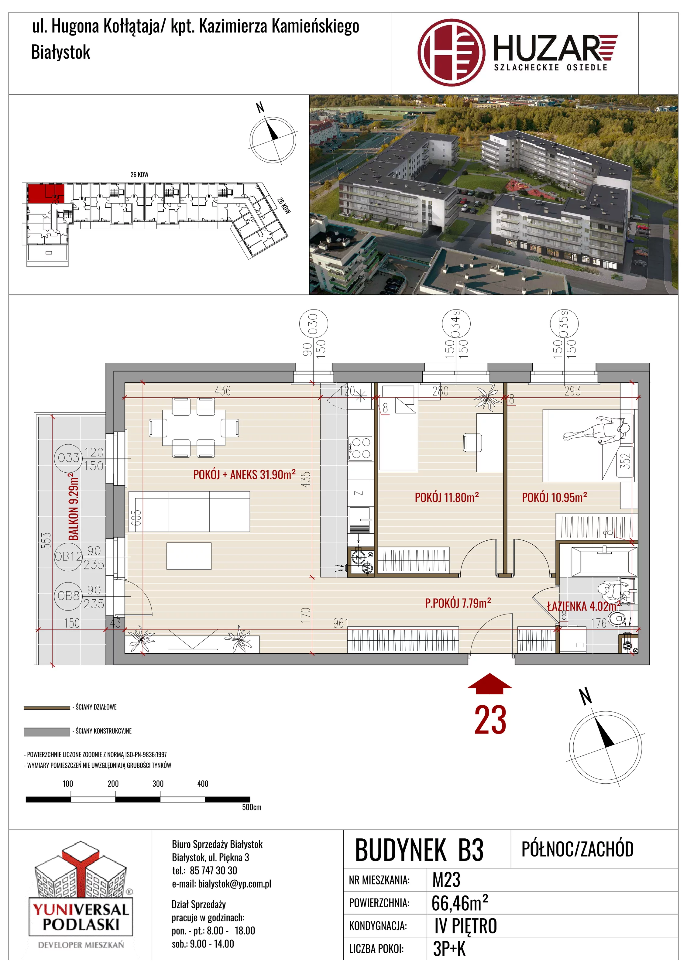 3 pokoje, mieszkanie 66,46 m², piętro 4, oferta nr B3/23, Huzar B3, Białystok, Bacieczki, ul. Hugona Kołłątaja / kpt. Kazimierza Kamieńskiego
