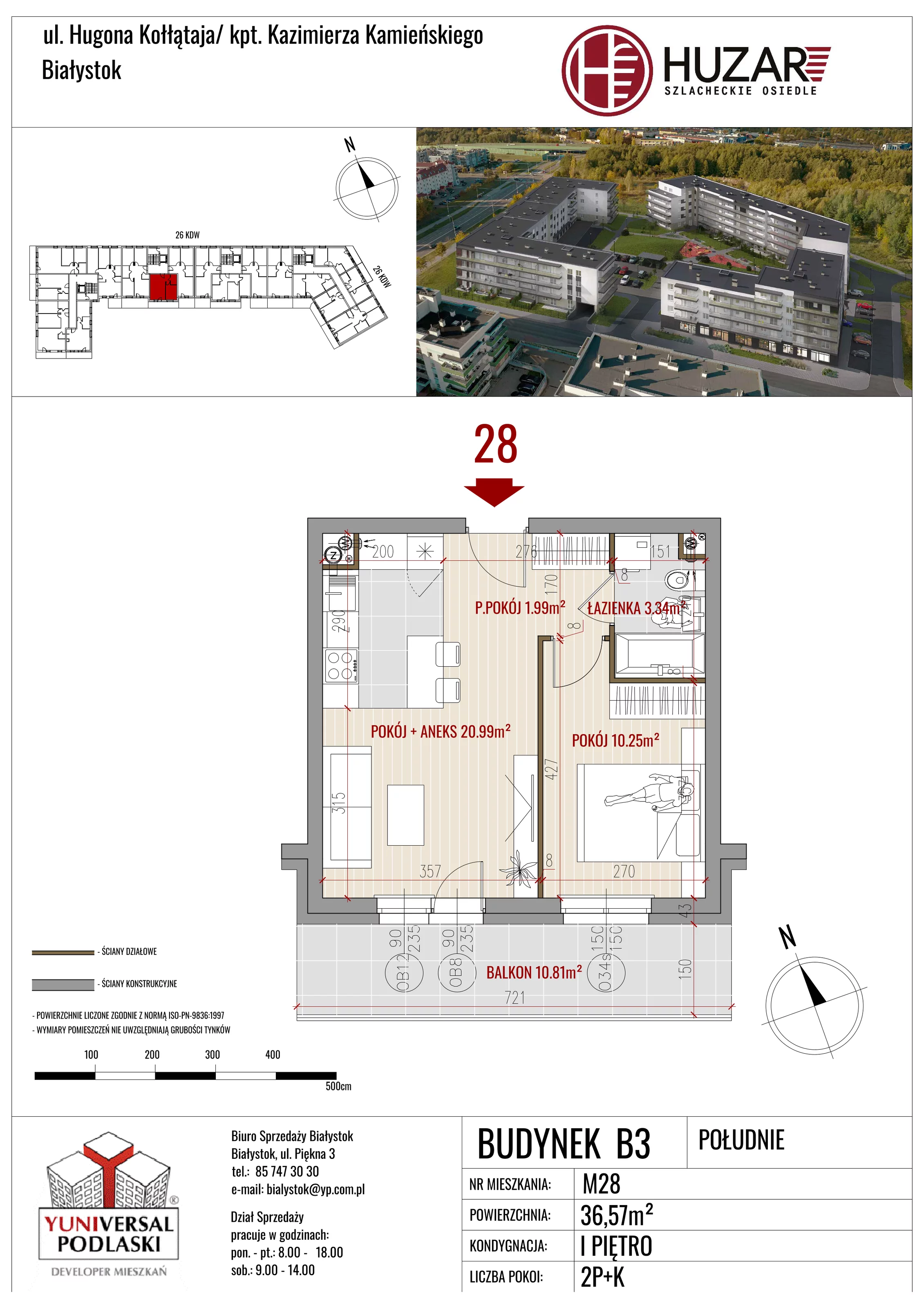 2 pokoje, mieszkanie 36,57 m², piętro 1, oferta nr B3/28, Huzar B3, Białystok, Bacieczki, ul. Hugona Kołłątaja / kpt. Kazimierza Kamieńskiego