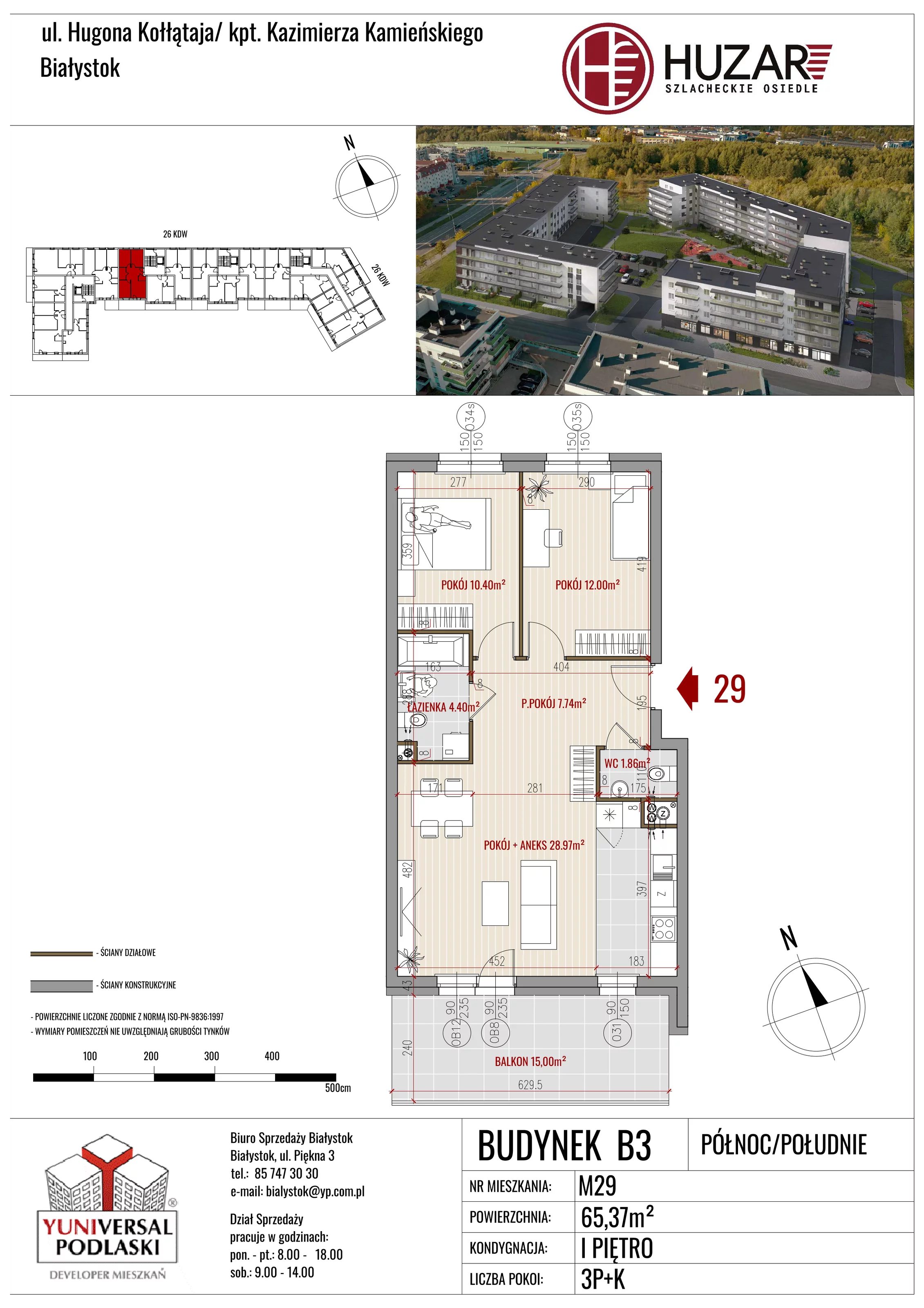 3 pokoje, mieszkanie 65,37 m², piętro 1, oferta nr B3/29, Huzar B3, Białystok, Bacieczki, ul. Hugona Kołłątaja / kpt. Kazimierza Kamieńskiego