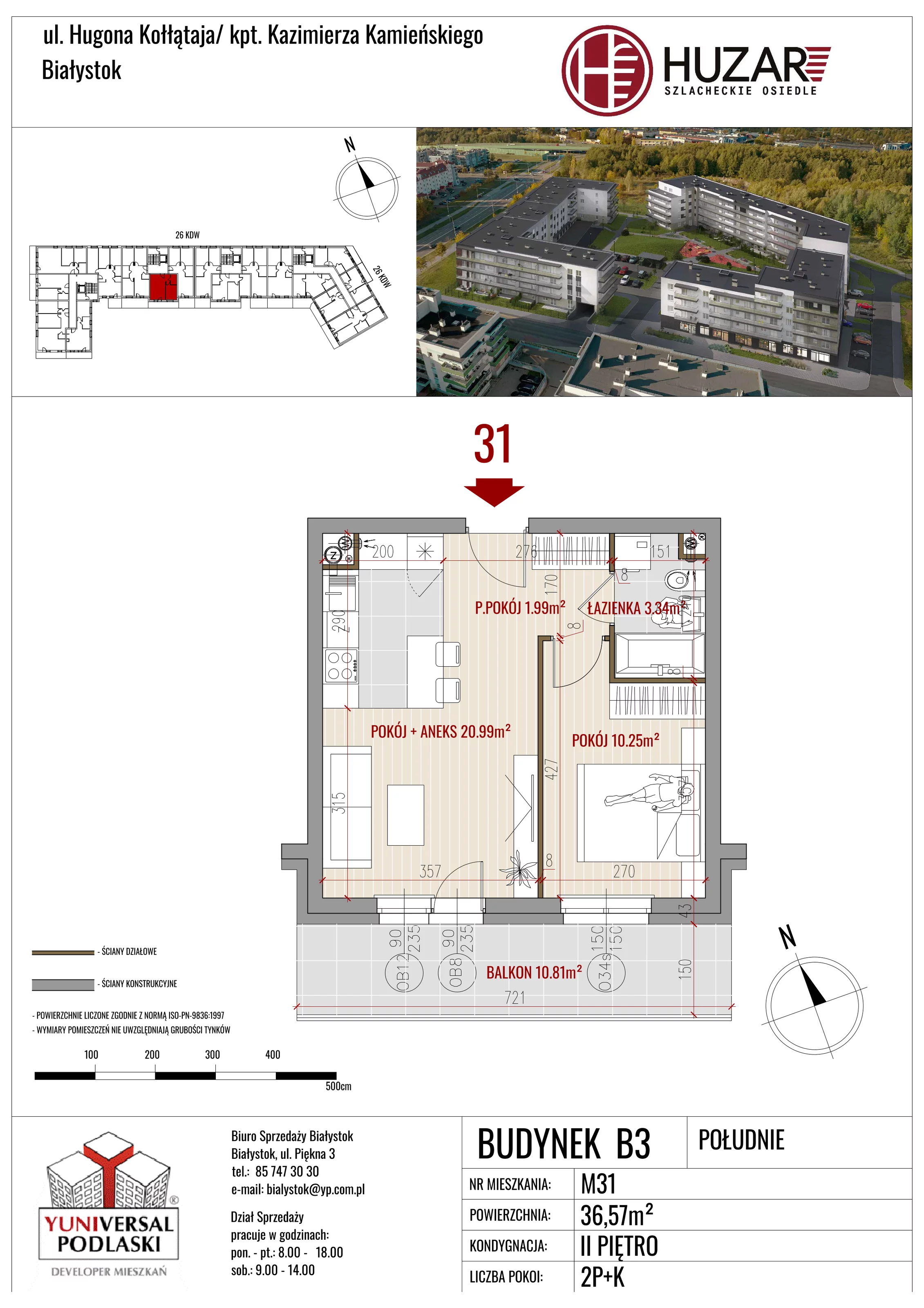 2 pokoje, mieszkanie 36,57 m², piętro 2, oferta nr B3/31, Huzar B3, Białystok, Bacieczki, ul. Hugona Kołłątaja / kpt. Kazimierza Kamieńskiego