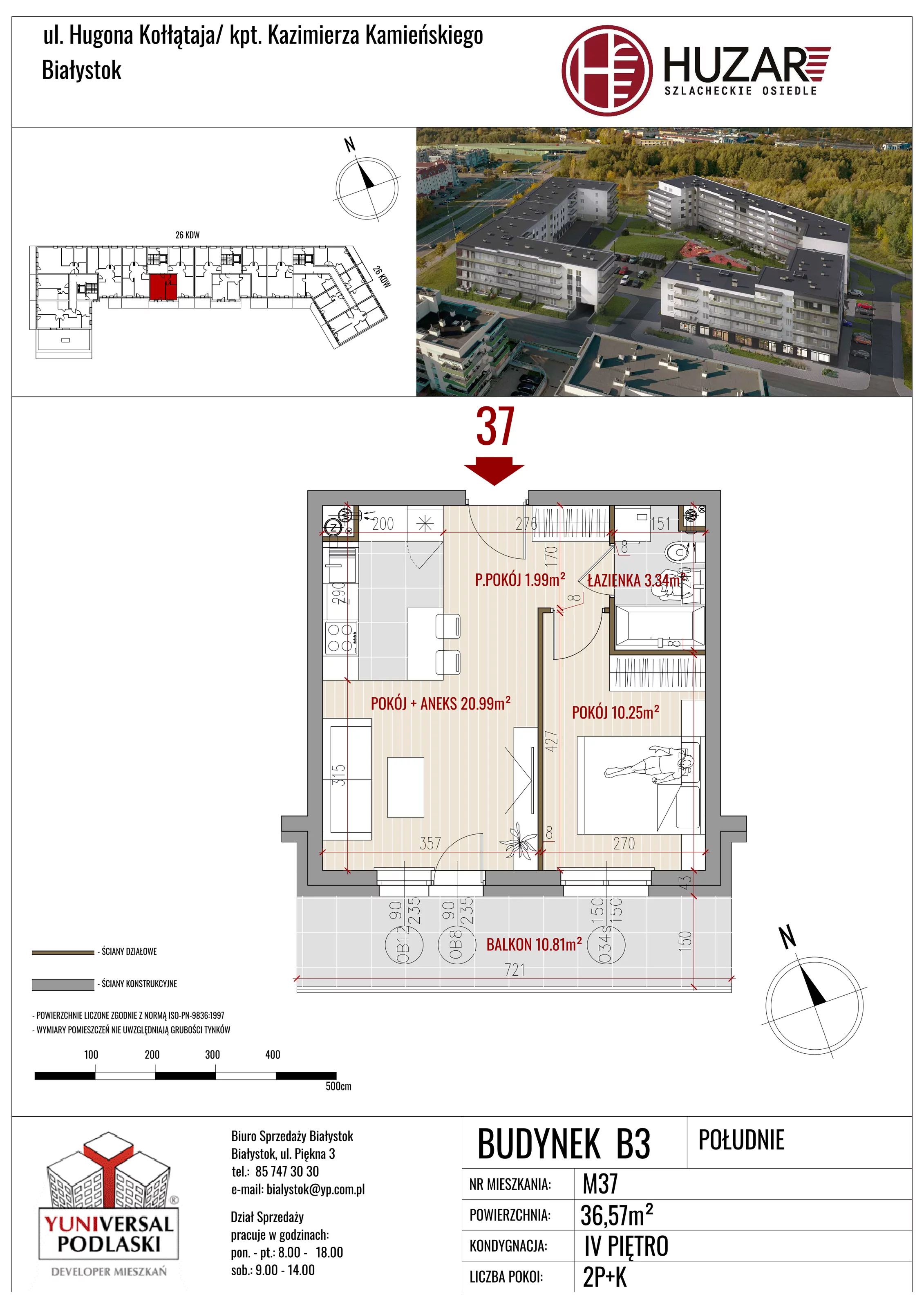 2 pokoje, mieszkanie 36,57 m², piętro 4, oferta nr B3/37, Huzar B3, Białystok, Bacieczki, ul. Hugona Kołłątaja / kpt. Kazimierza Kamieńskiego