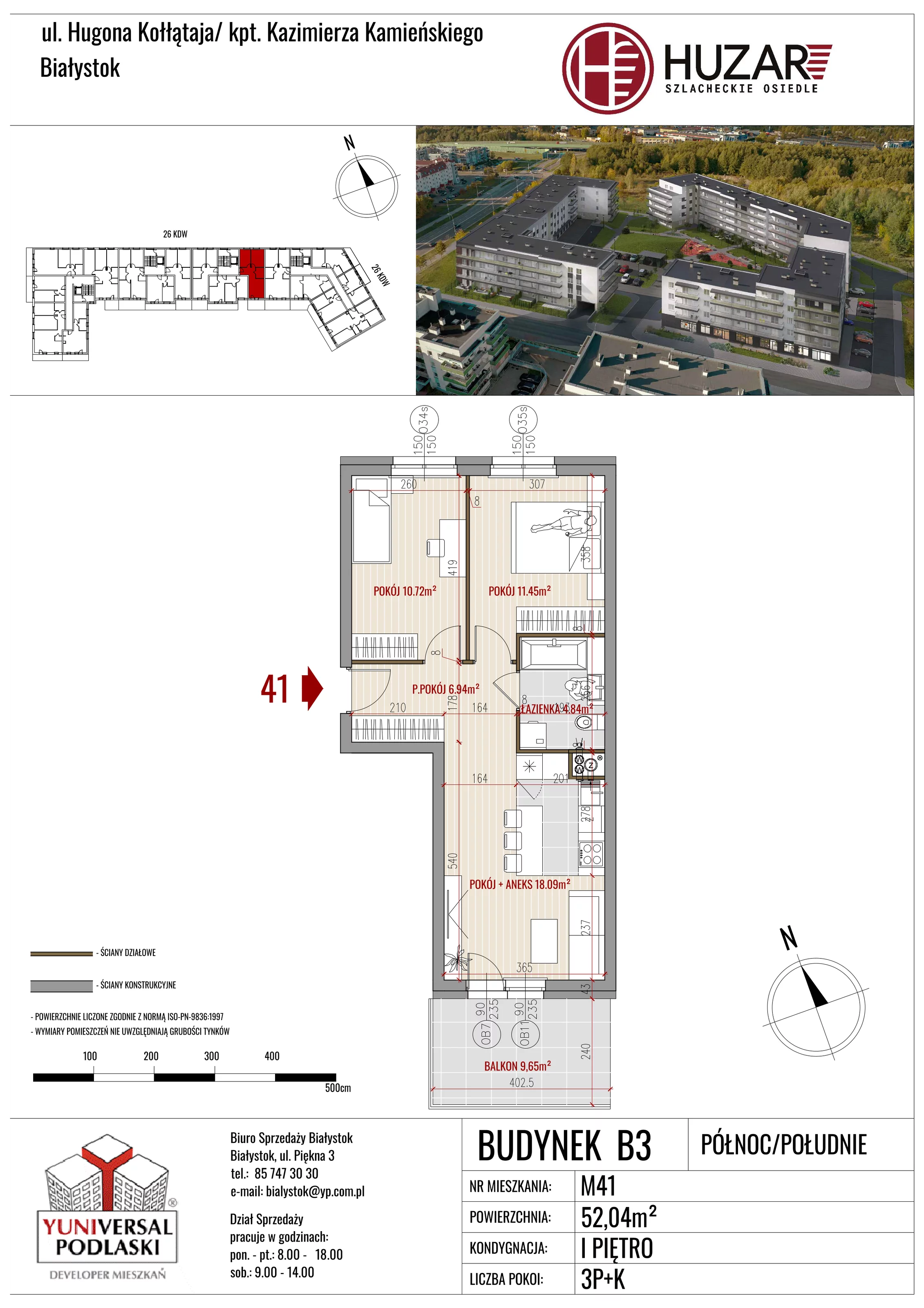 3 pokoje, mieszkanie 52,04 m², piętro 1, oferta nr B3/41, Huzar B3, Białystok, Bacieczki, ul. Hugona Kołłątaja / kpt. Kazimierza Kamieńskiego