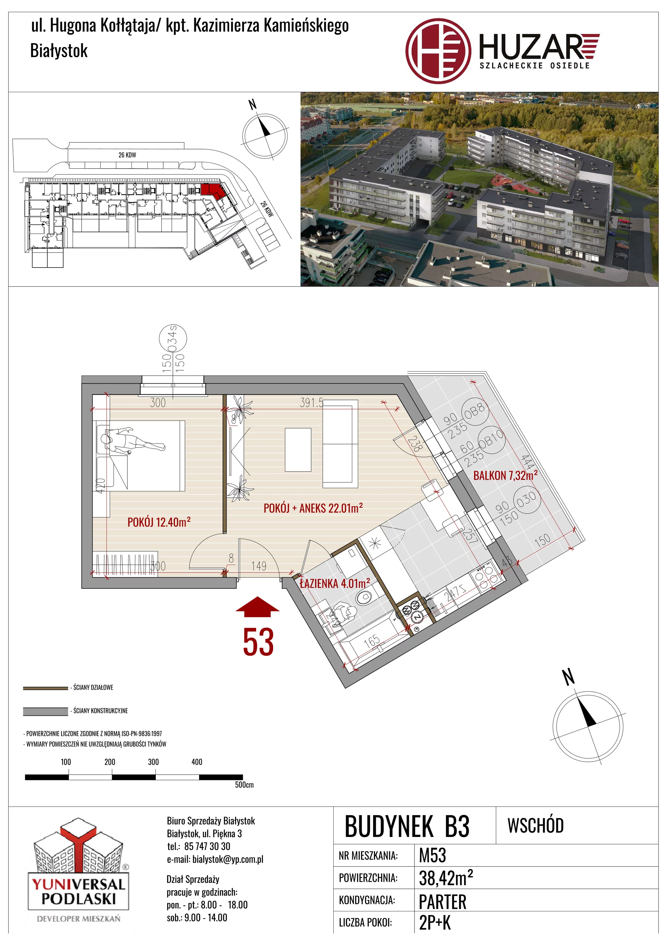 2 pokoje, mieszkanie 38,42 m², parter, oferta nr B3/53, Huzar B3, Białystok, Bacieczki, ul. Hugona Kołłątaja / kpt. Kazimierza Kamieńskiego