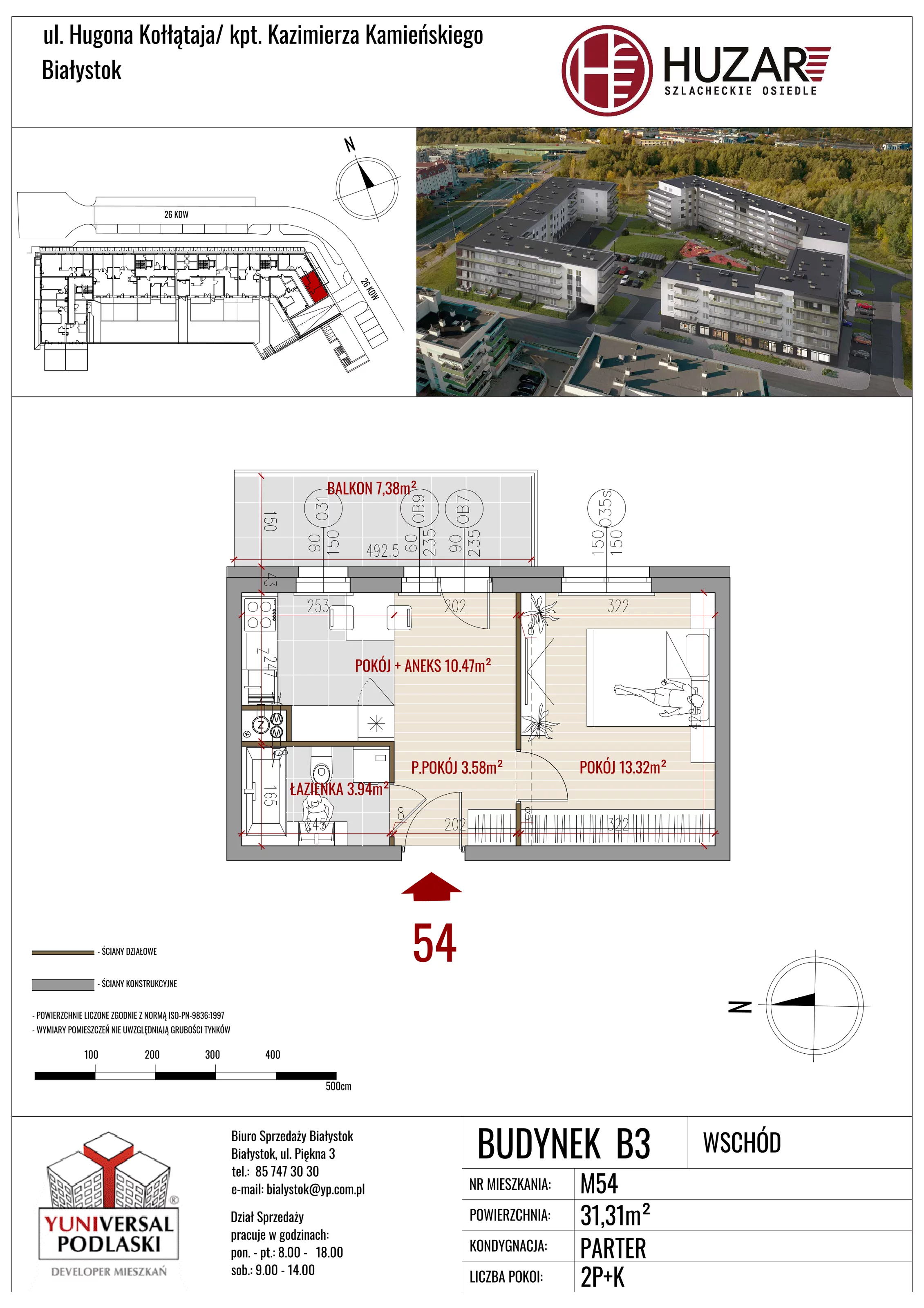 2 pokoje, mieszkanie 31,31 m², parter, oferta nr B3/54, Huzar B3, Białystok, Bacieczki, ul. Hugona Kołłątaja / kpt. Kazimierza Kamieńskiego