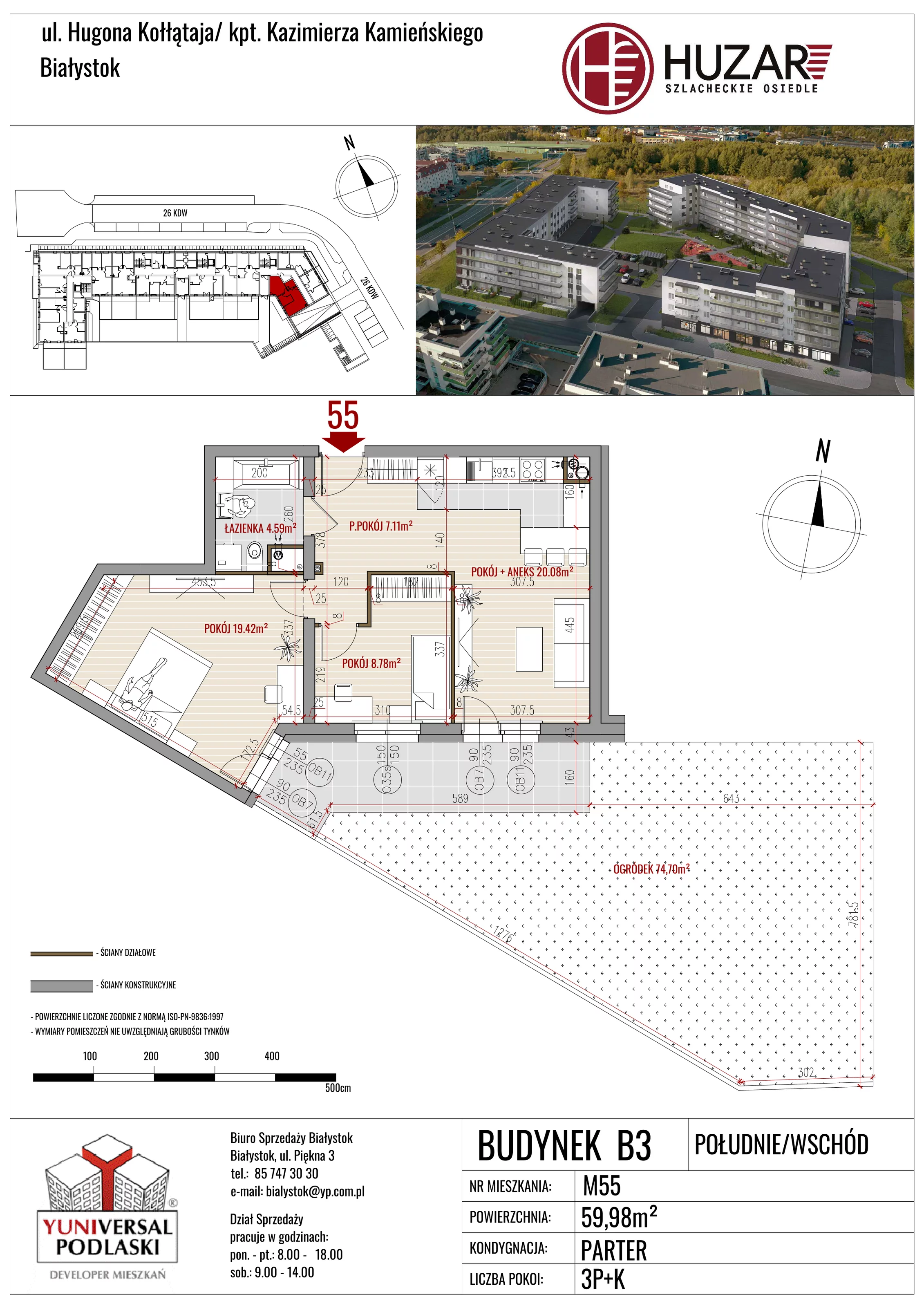 3 pokoje, mieszkanie 59,98 m², parter, oferta nr B3/55, Huzar B3, Białystok, Bacieczki, ul. Hugona Kołłątaja / kpt. Kazimierza Kamieńskiego