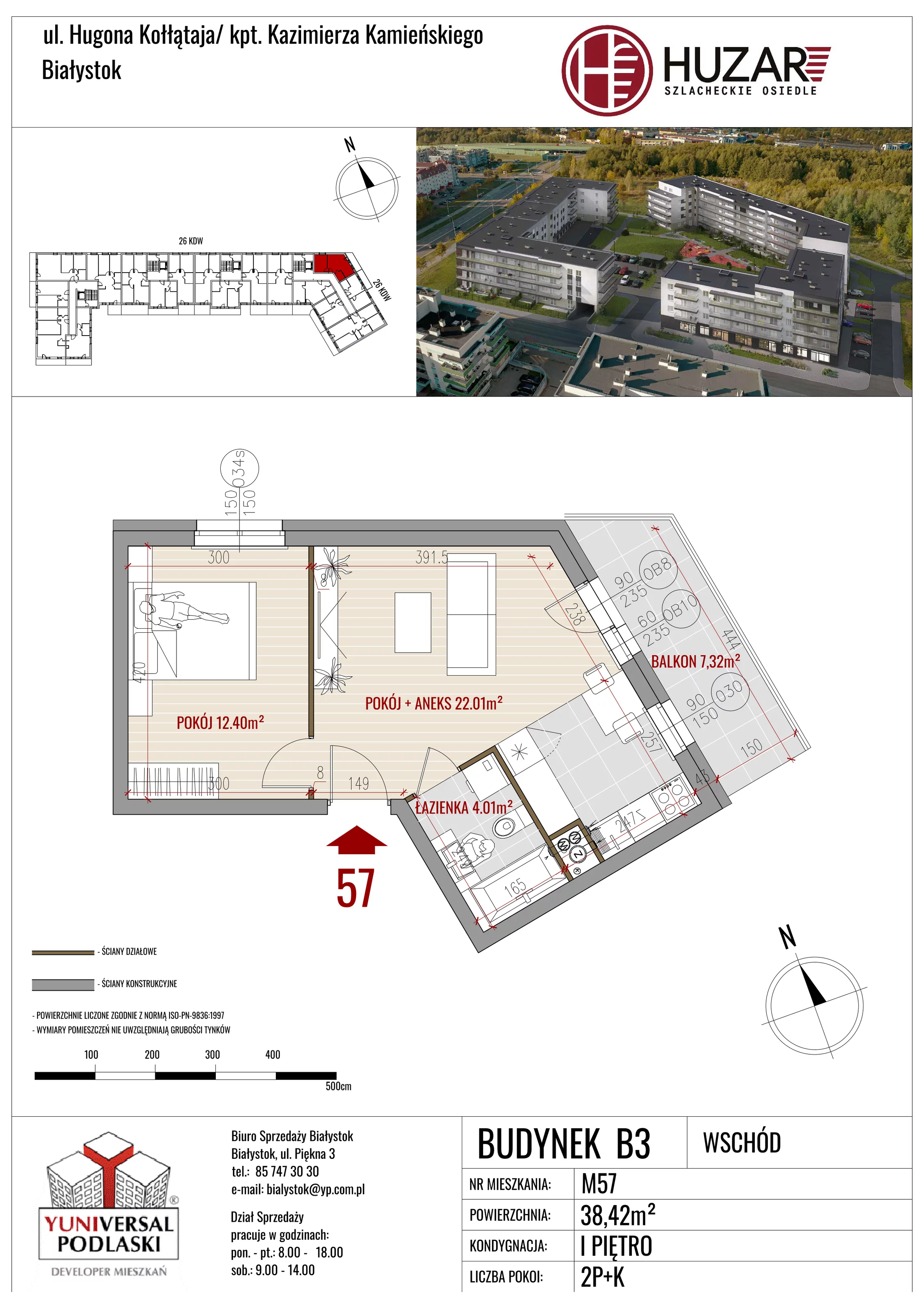 2 pokoje, mieszkanie 38,42 m², piętro 1, oferta nr B3/57, Huzar B3, Białystok, Bacieczki, ul. Hugona Kołłątaja / kpt. Kazimierza Kamieńskiego