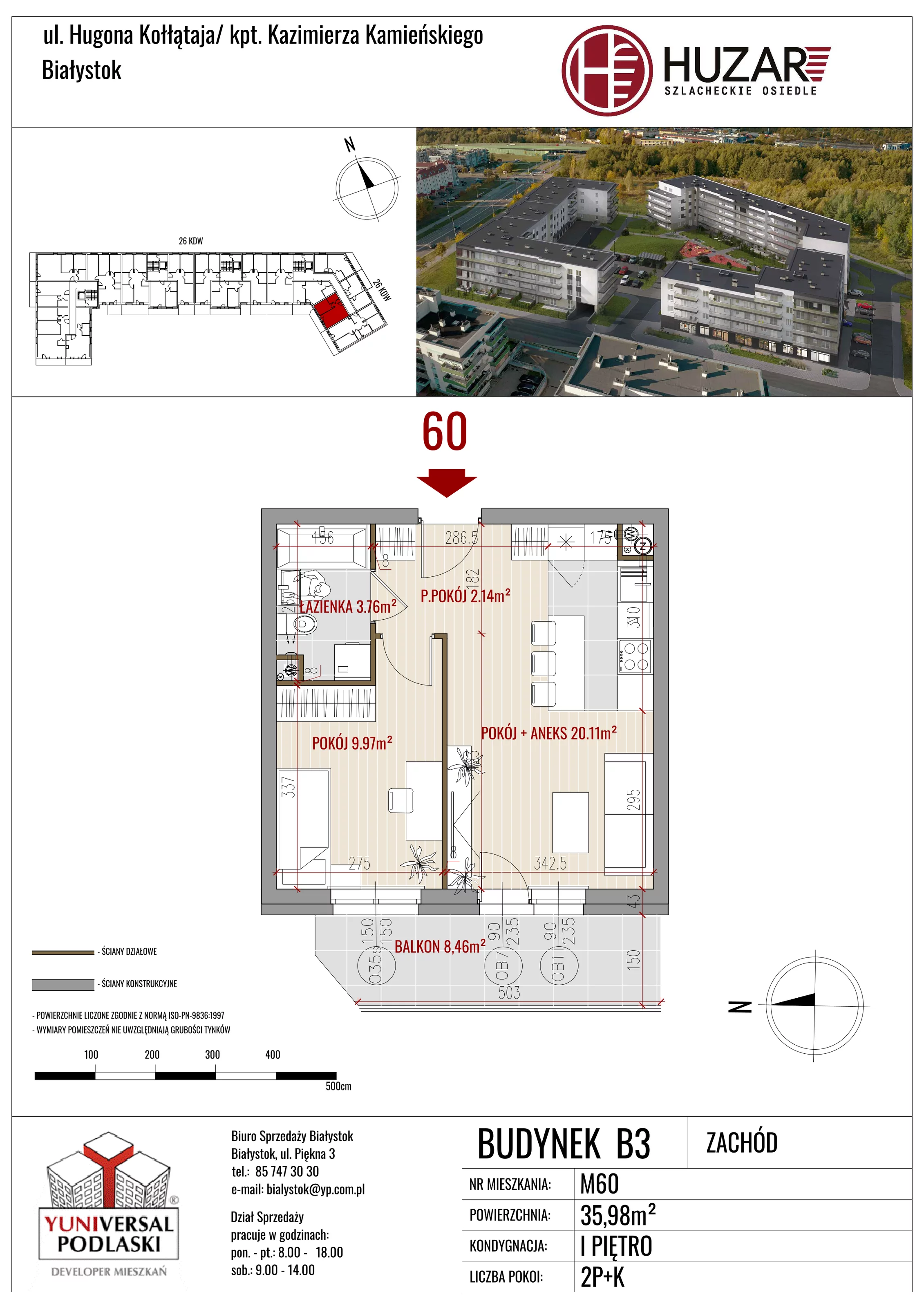 2 pokoje, mieszkanie 35,98 m², piętro 1, oferta nr B3/60, Huzar B3, Białystok, Bacieczki, ul. Hugona Kołłątaja / kpt. Kazimierza Kamieńskiego