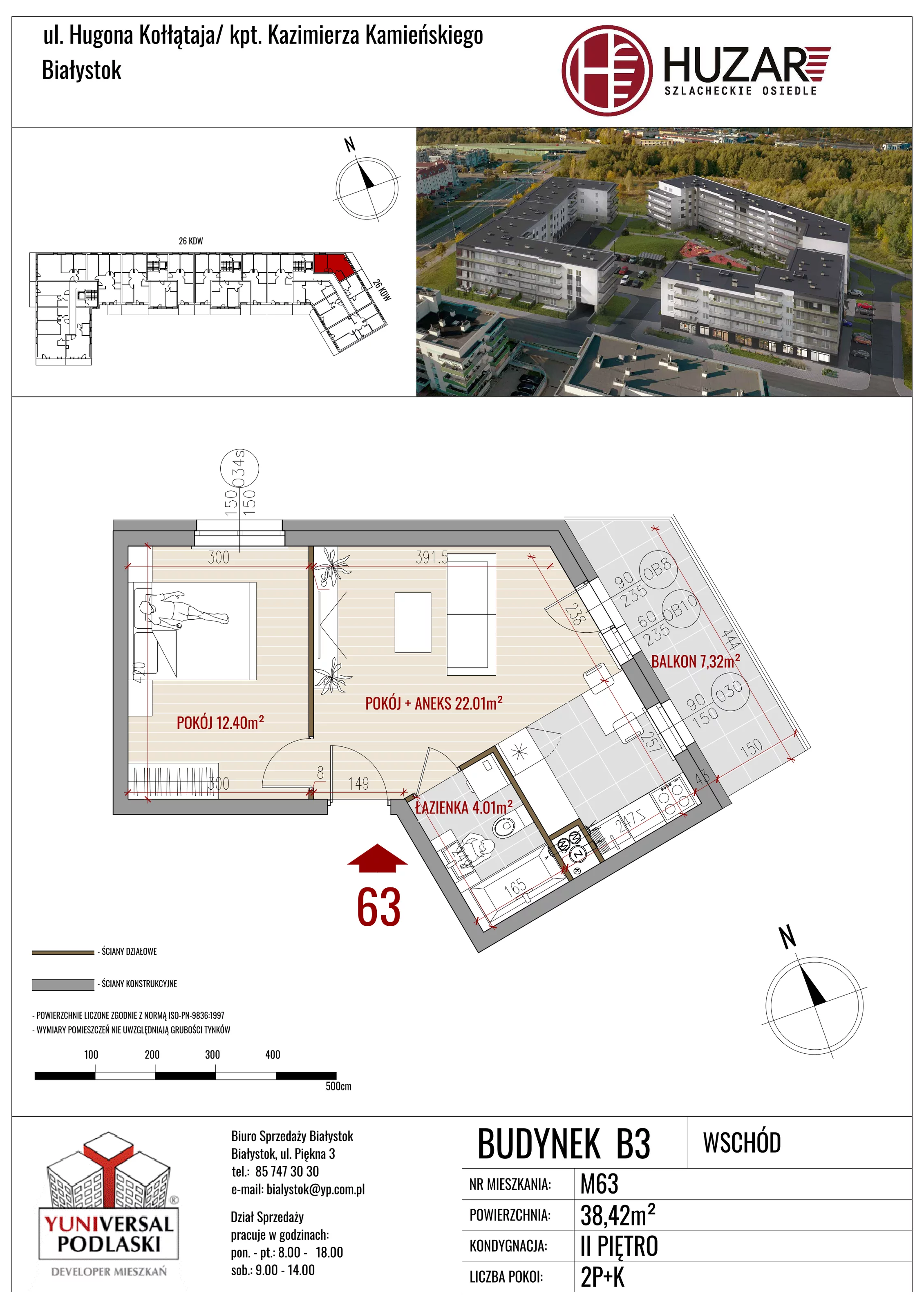 2 pokoje, mieszkanie 38,42 m², piętro 2, oferta nr B3/63, Huzar B3, Białystok, Bacieczki, ul. Hugona Kołłątaja / kpt. Kazimierza Kamieńskiego