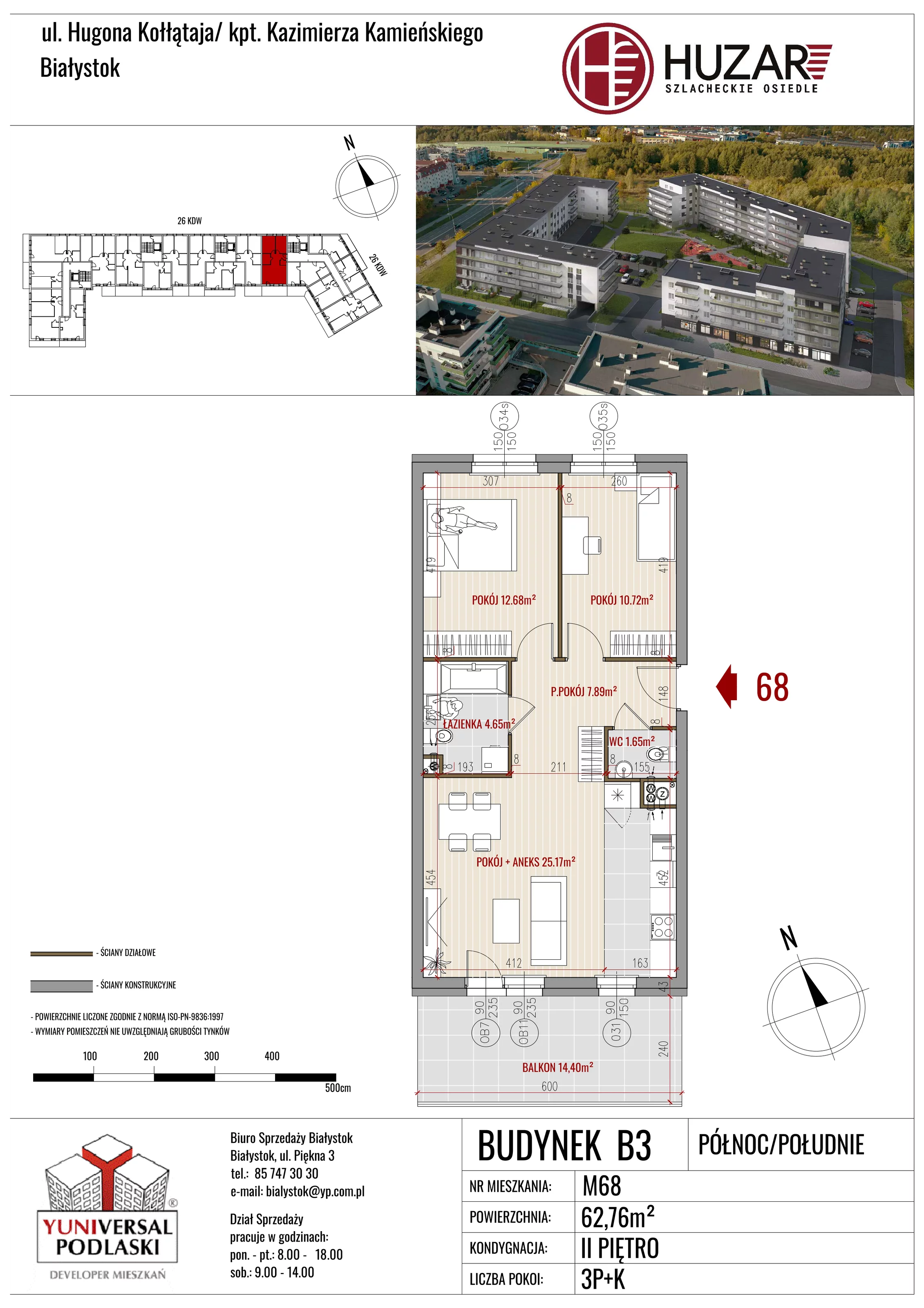 3 pokoje, mieszkanie 62,76 m², piętro 2, oferta nr B3/68, Huzar B3, Białystok, Bacieczki, ul. Hugona Kołłątaja / kpt. Kazimierza Kamieńskiego