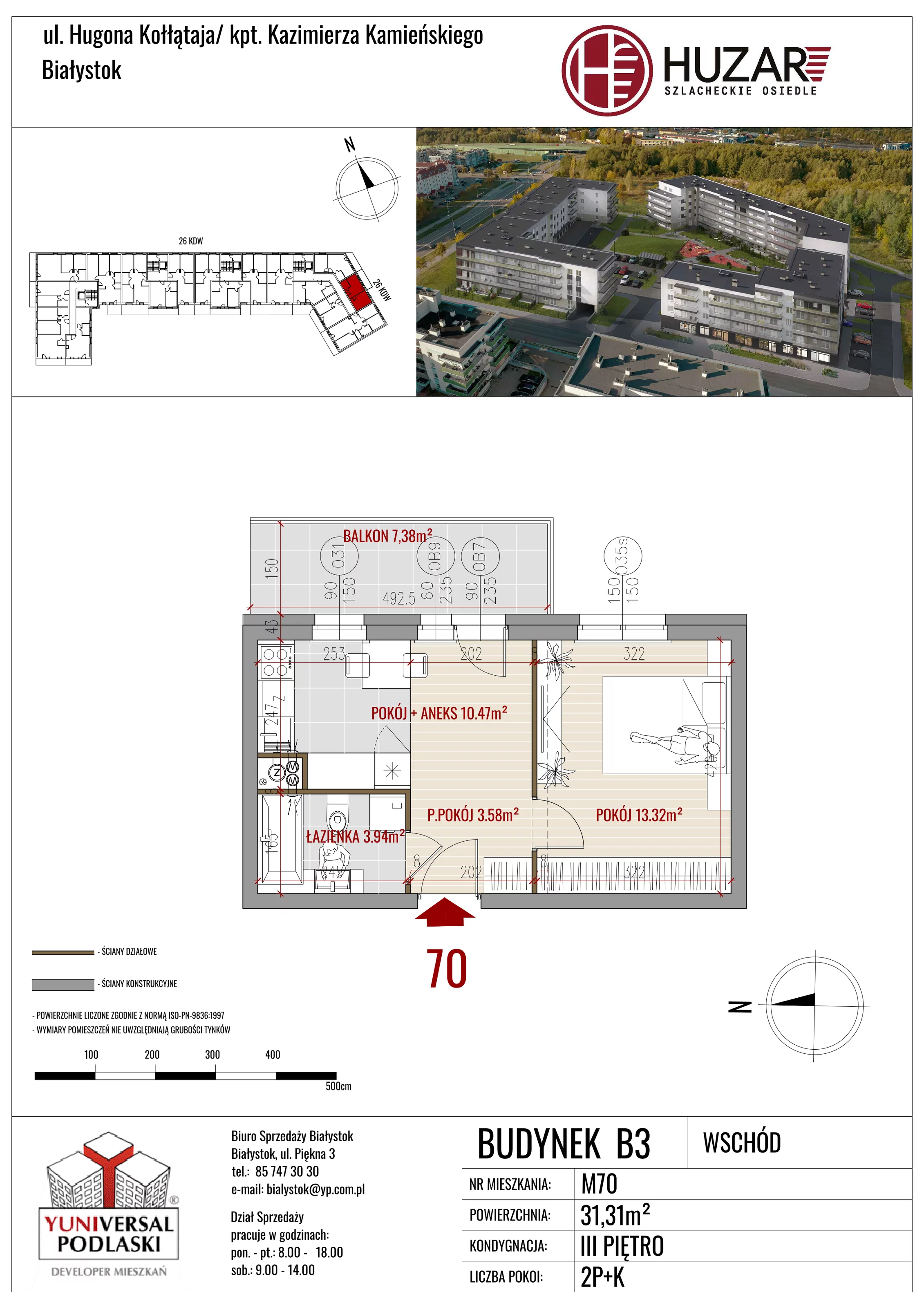 2 pokoje, mieszkanie 31,31 m², piętro 3, oferta nr B3/70, Huzar B3, Białystok, Bacieczki, ul. Hugona Kołłątaja / kpt. Kazimierza Kamieńskiego